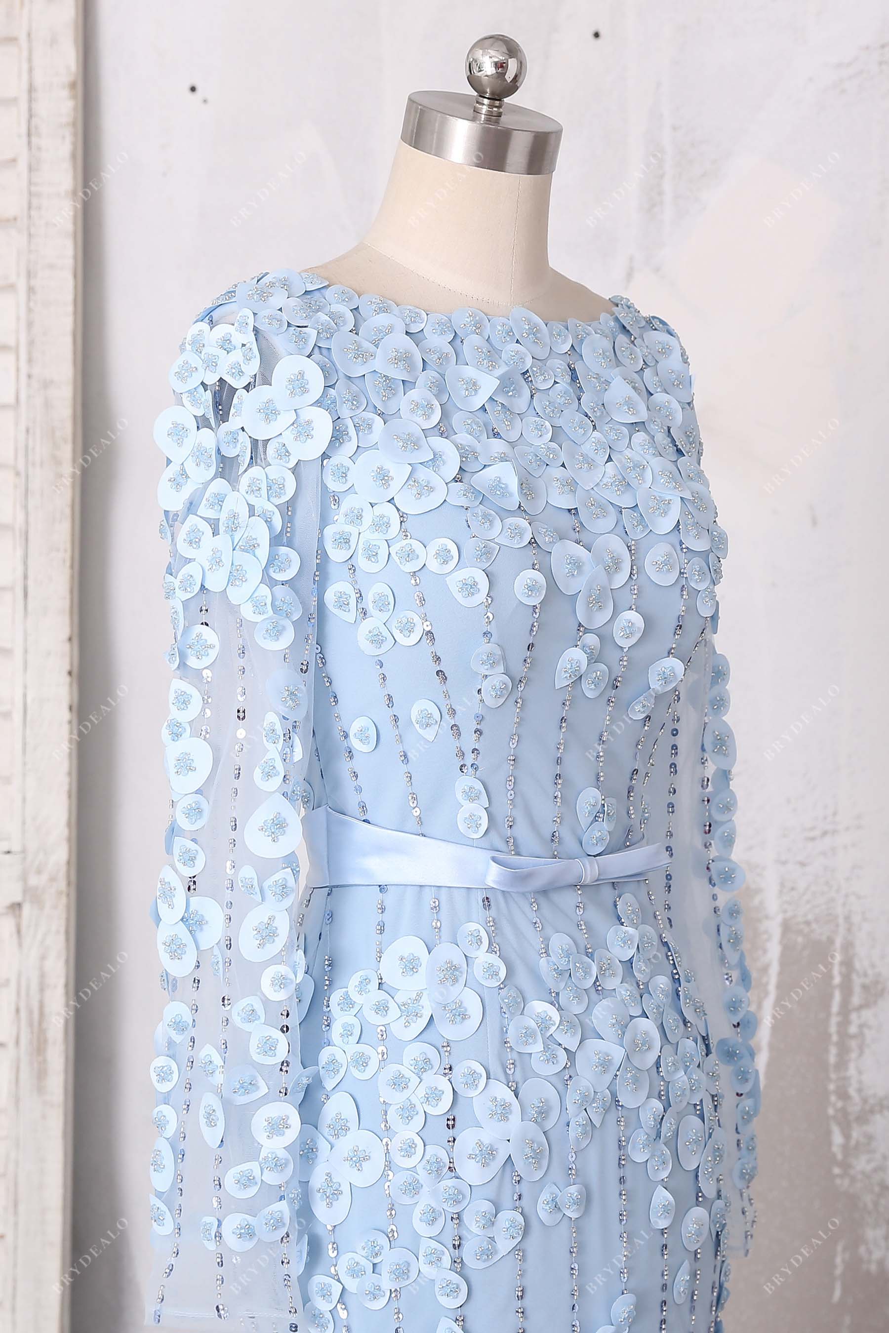 sky blue boat neck sheer sleeves prom dress