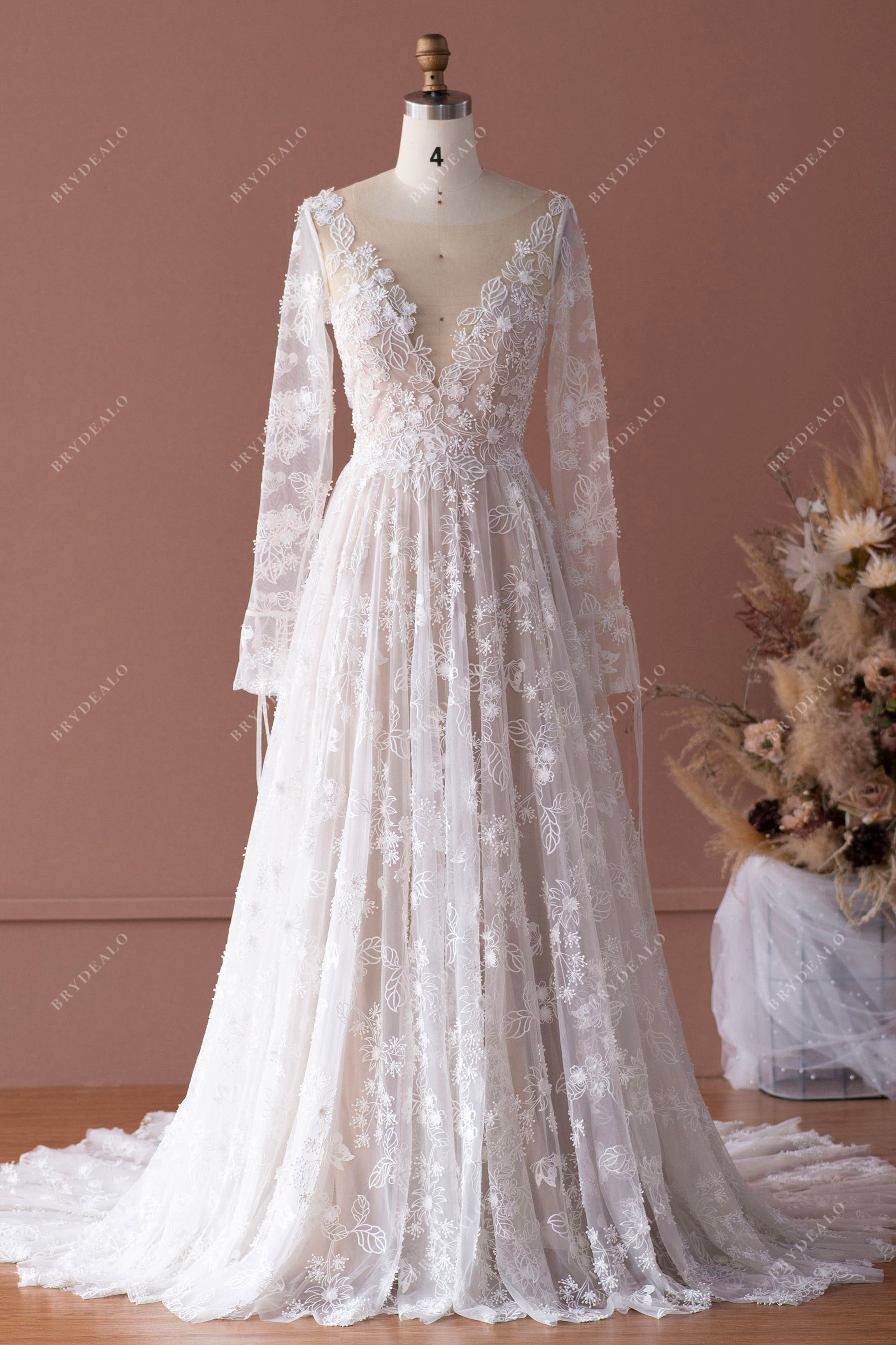 bell sleeved flower lace pleated A-line bridal dress