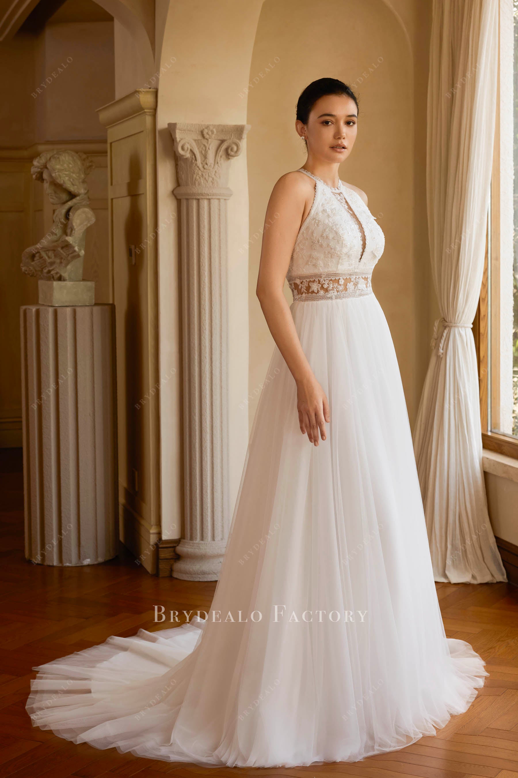 boho lace court train bridal dress