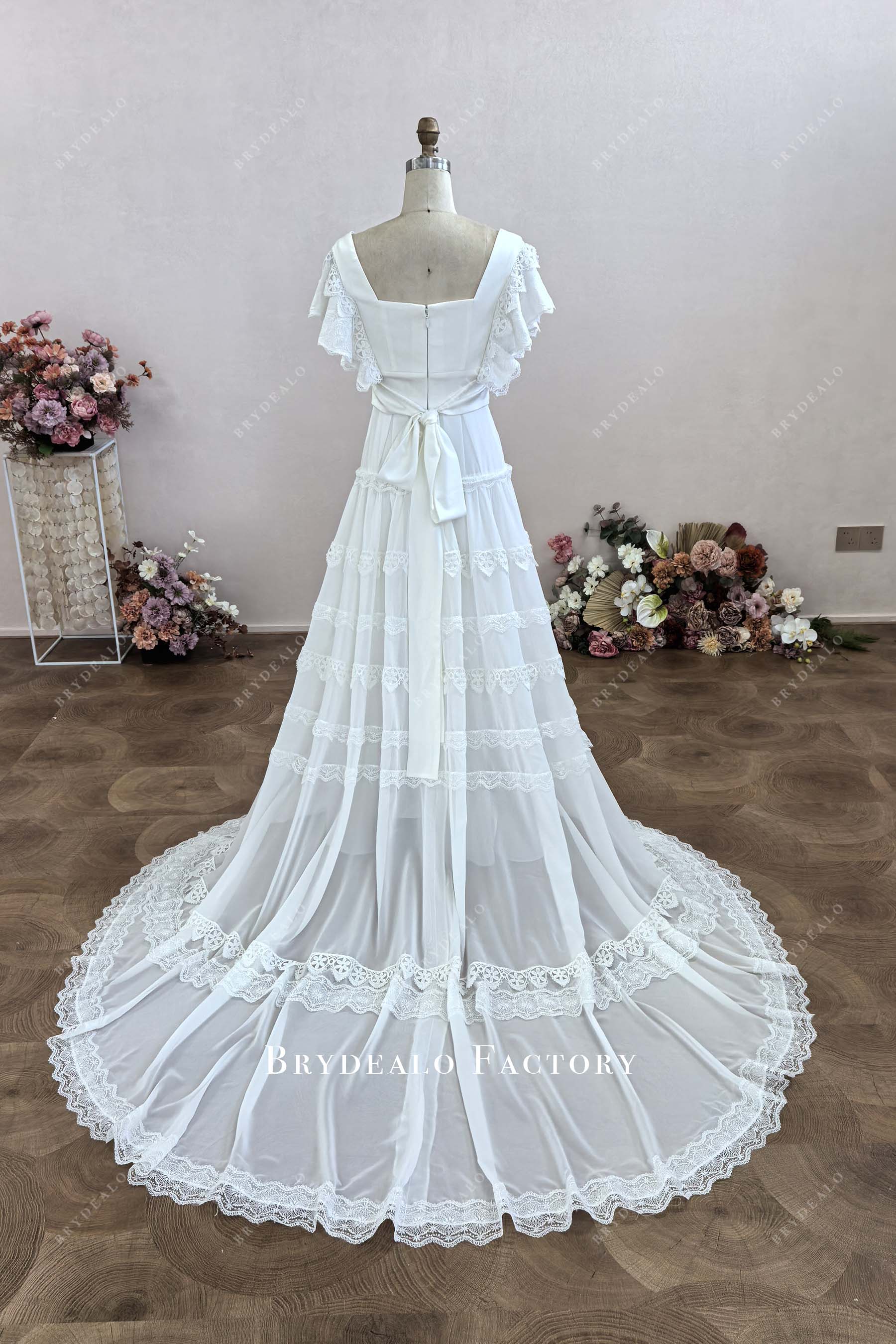 boho lace trim chapel train wedding dress