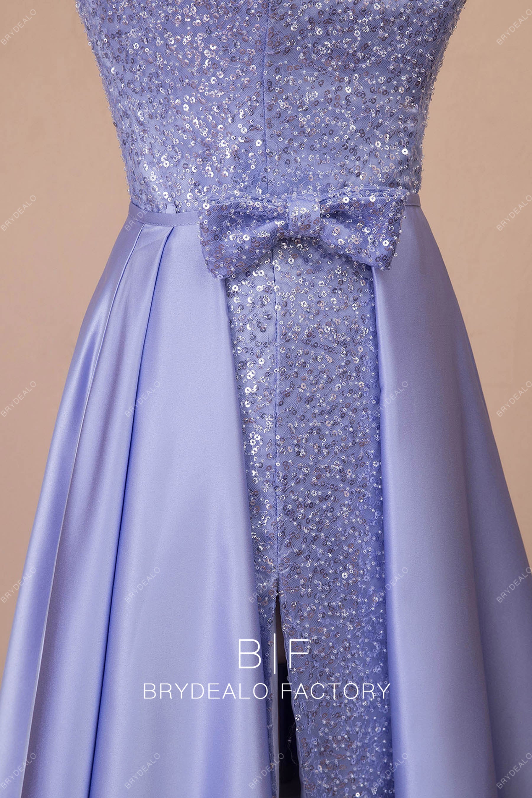 lilac sequin bowknot belt prom dress