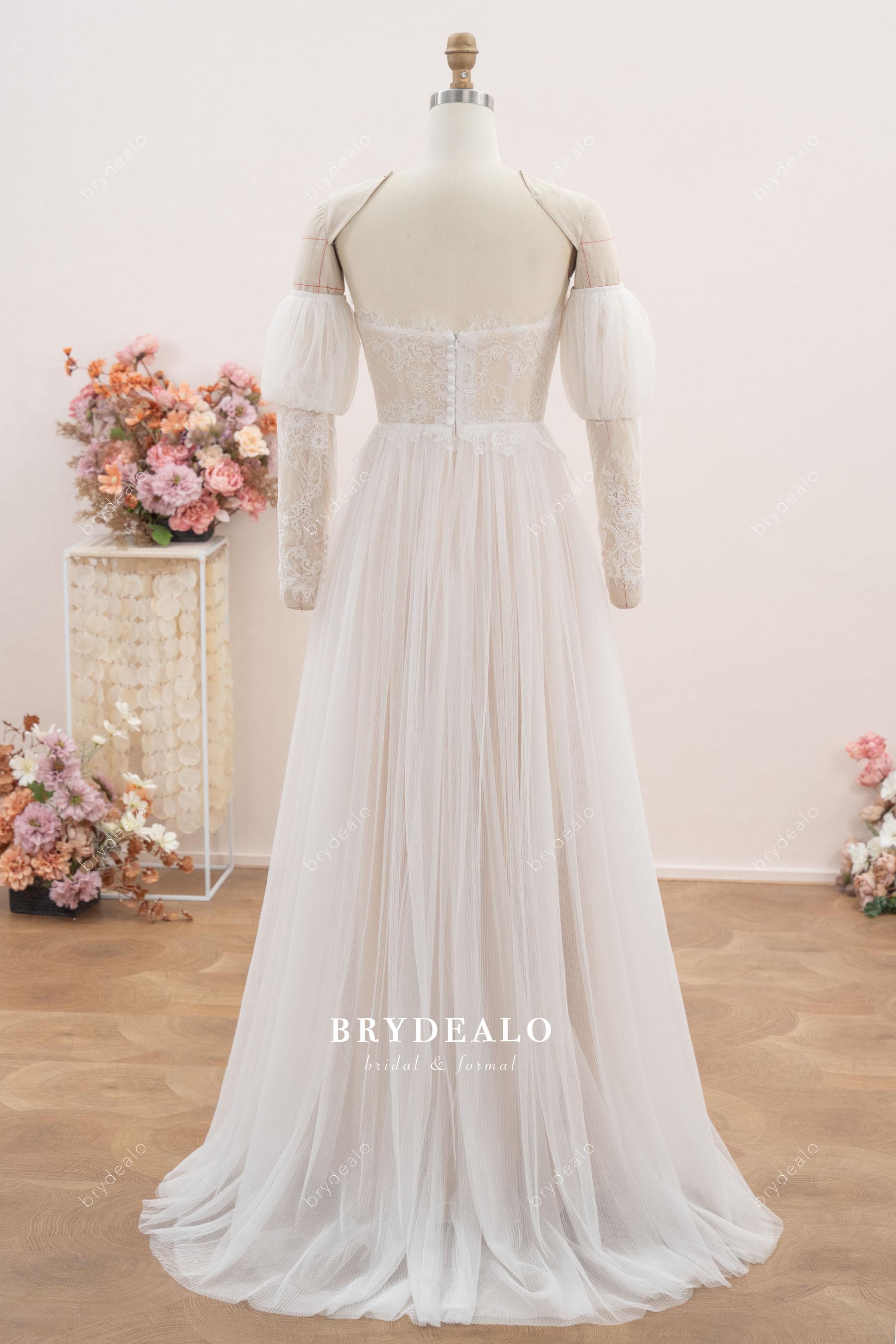 bubble button back sweep train wedding dress