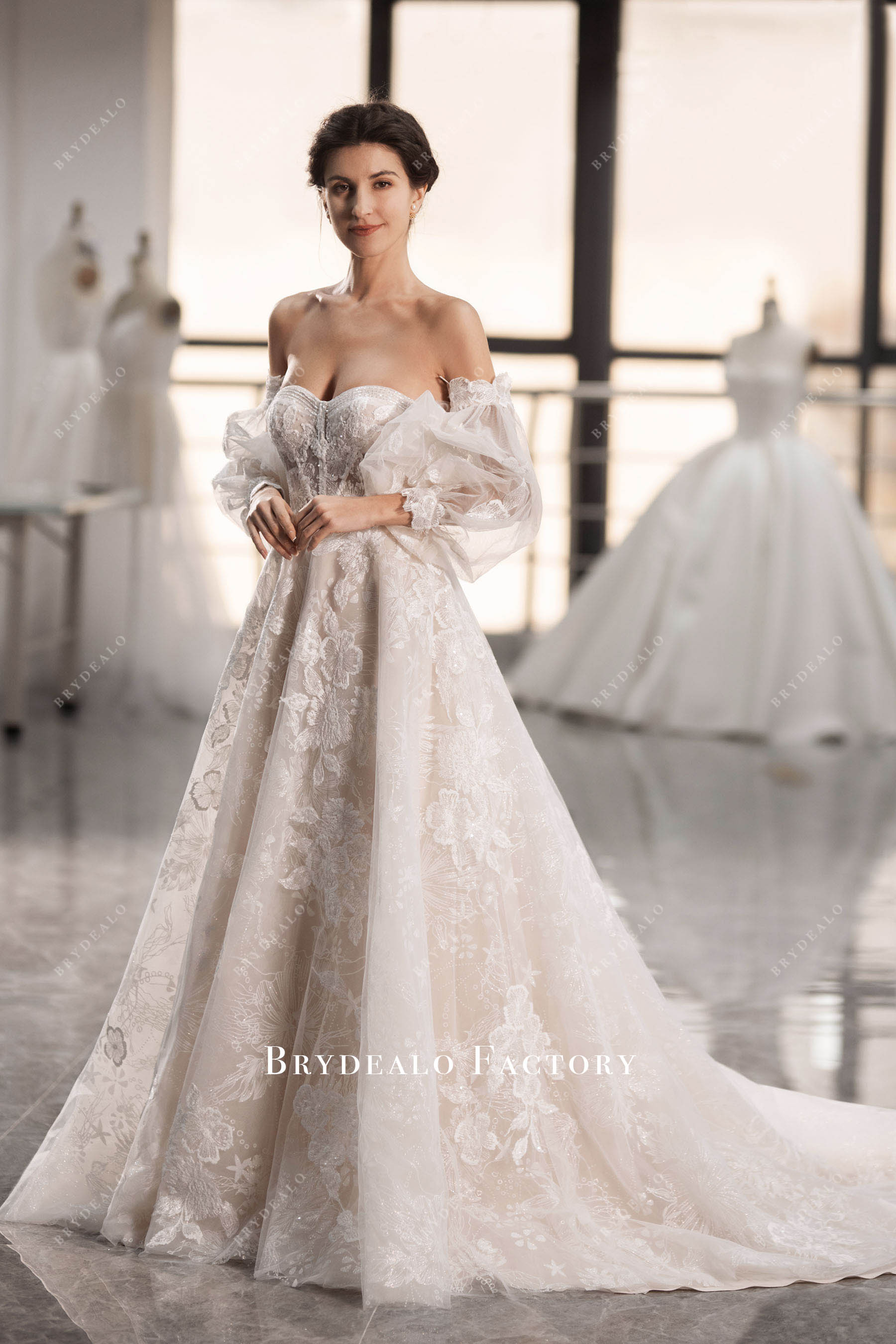 bubble sleeve flower lace sweetheart Aline wedding dress
