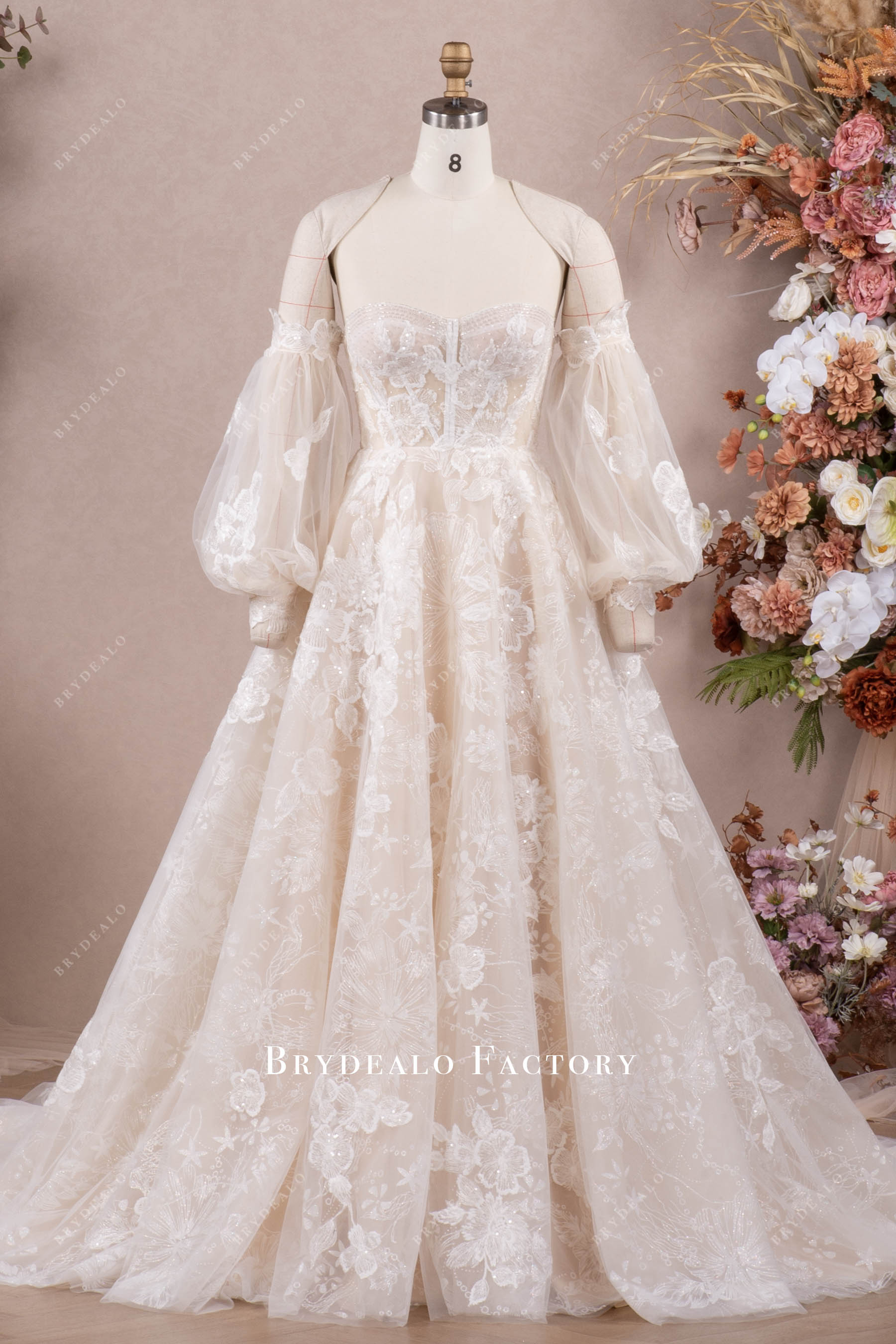 wedding dress sweetheart neckline lace sleeves Lace Applique Long Sleeve Wedding Dresses A-Line Sweetheart Neck Bridal Dresses W0065 As Pictured / US16