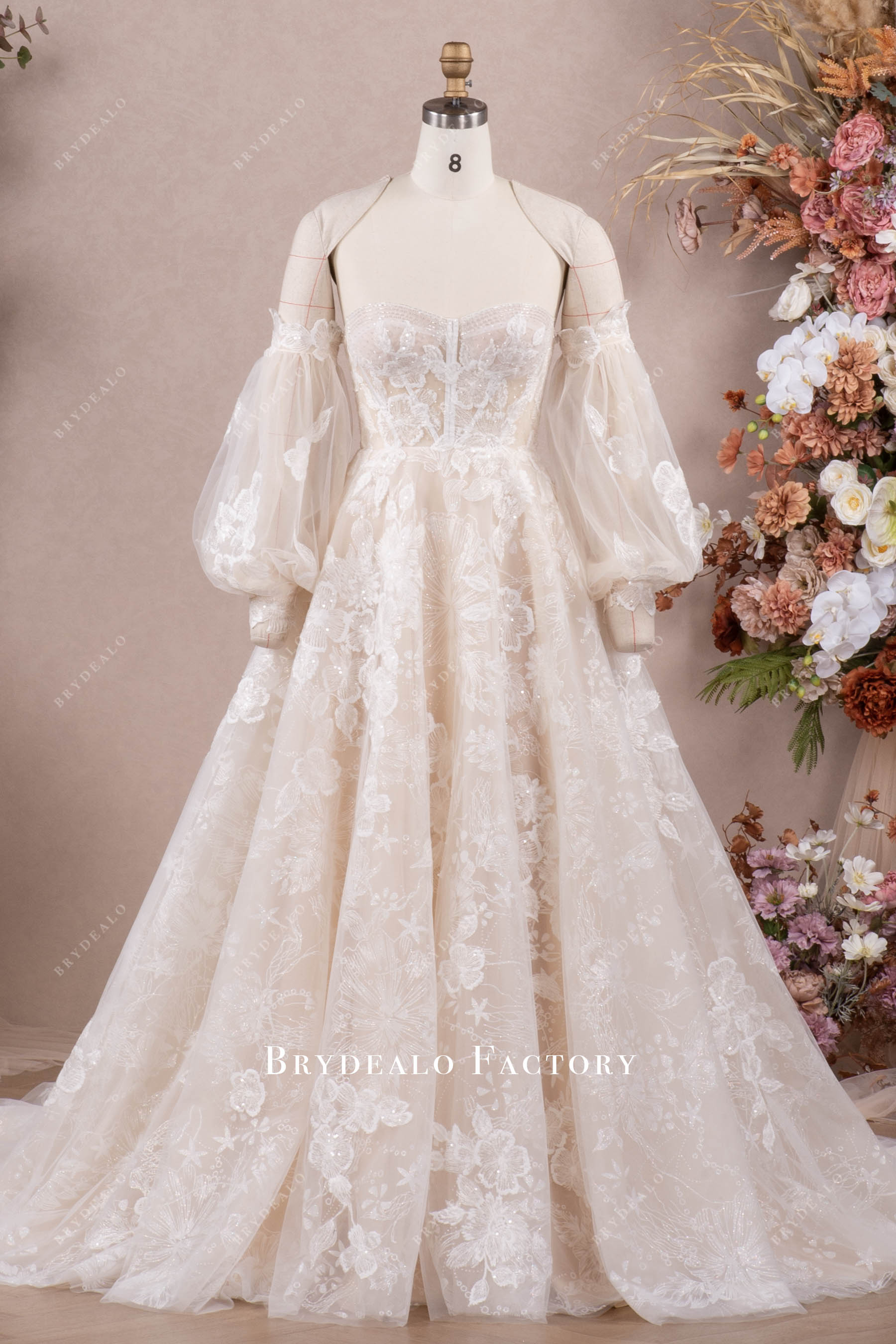 floral lace bubble sleeves sweetheart neck Aline bridal gown