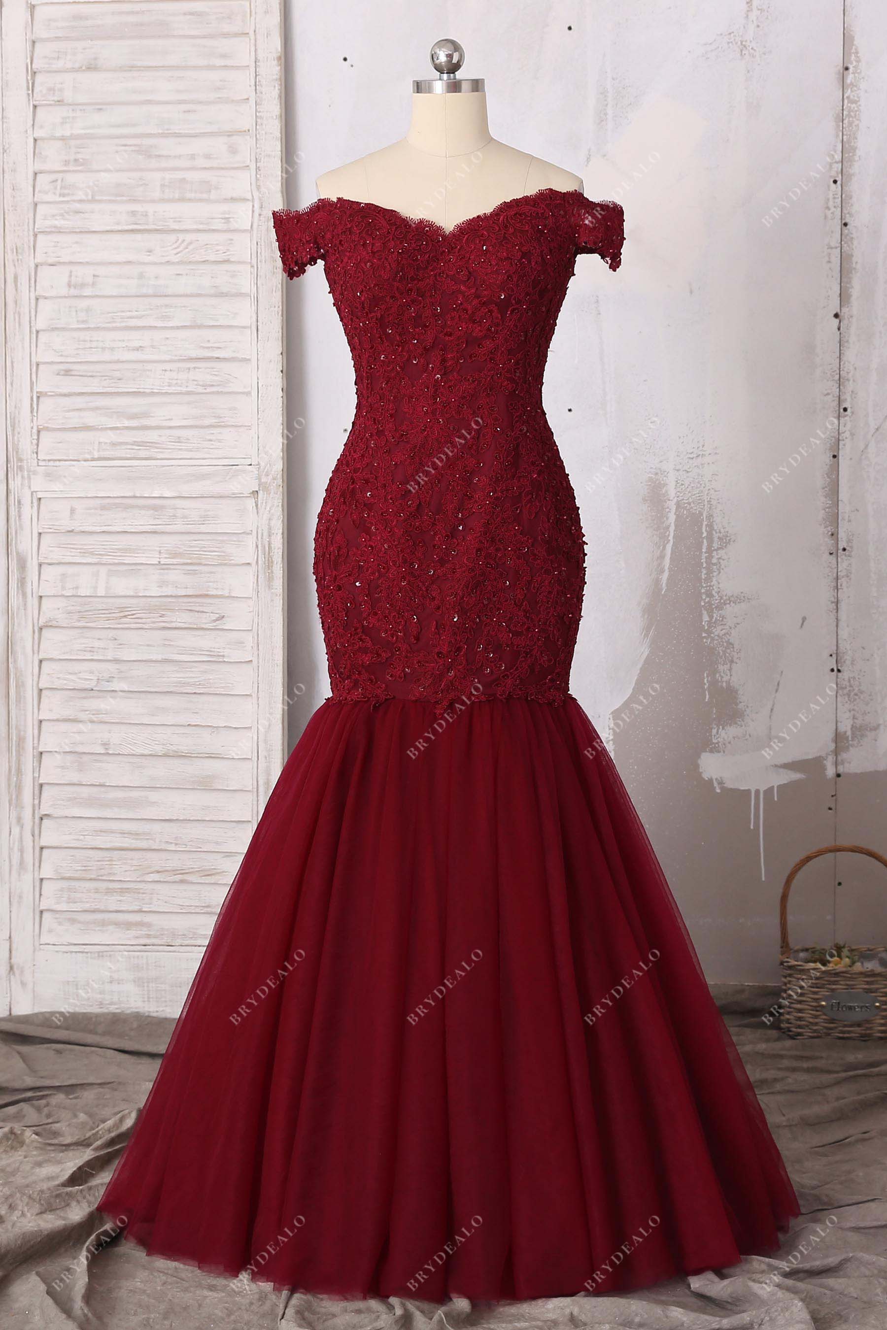 burgundy lace sequin off shoulder mermaid prom dress