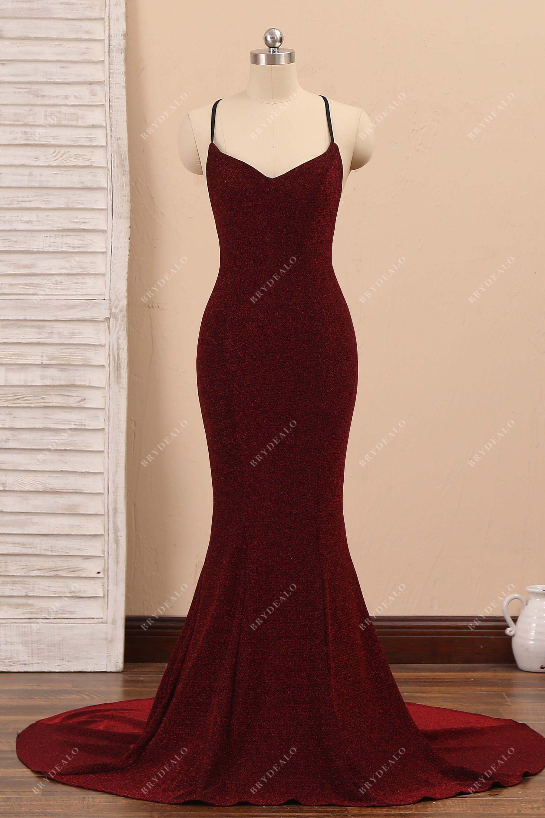 burgundy straps mermaid prom dress