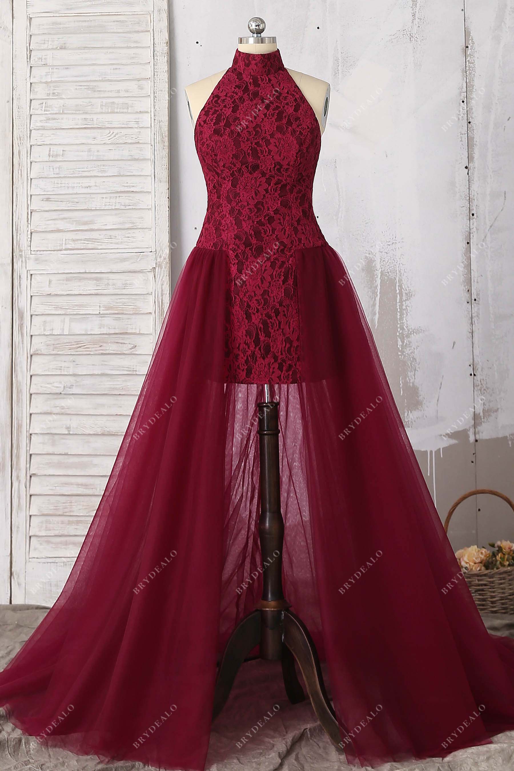 burgundy lace halter tulle A-line dress