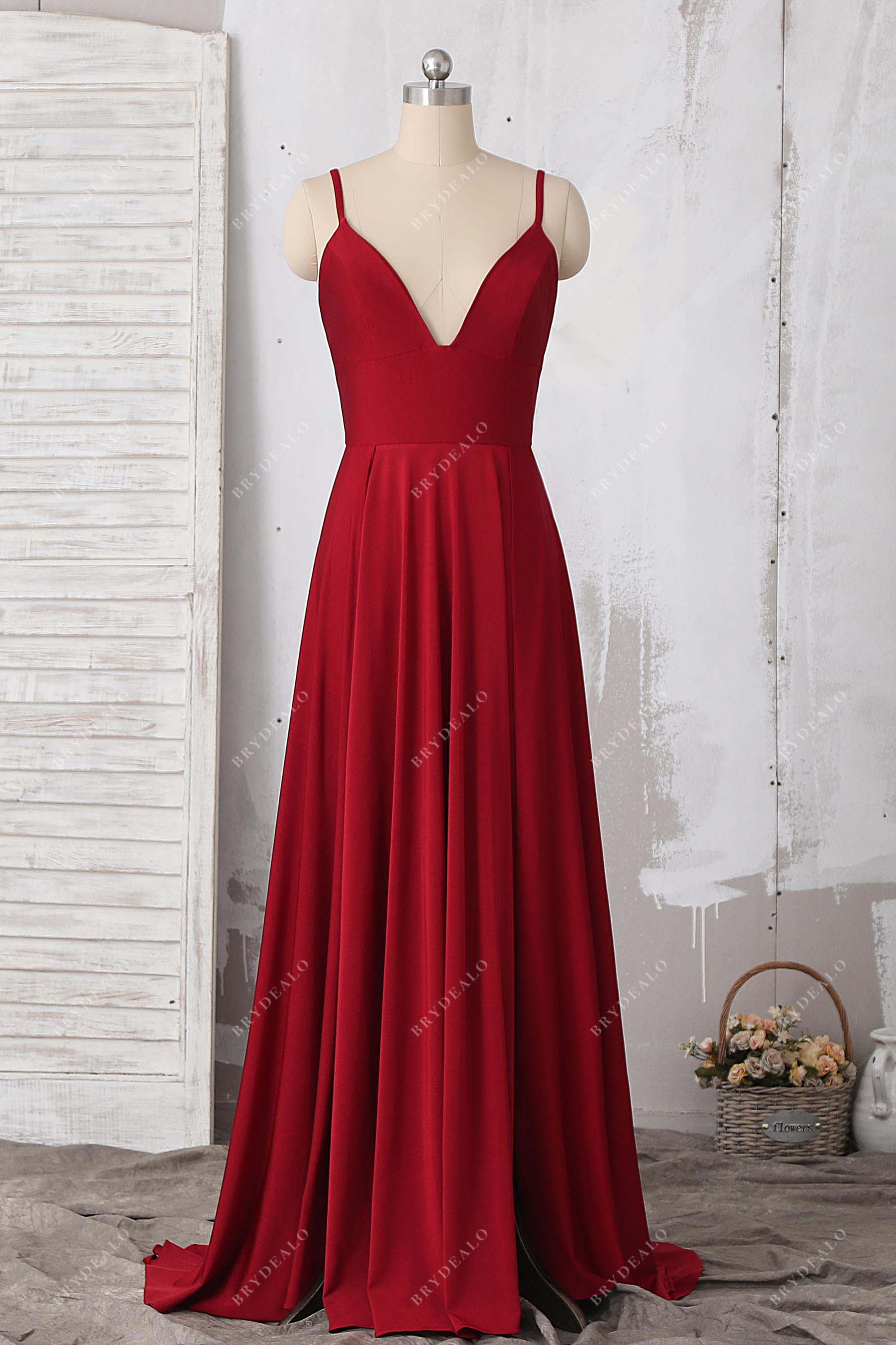 thin straps v-neck slit prom dress