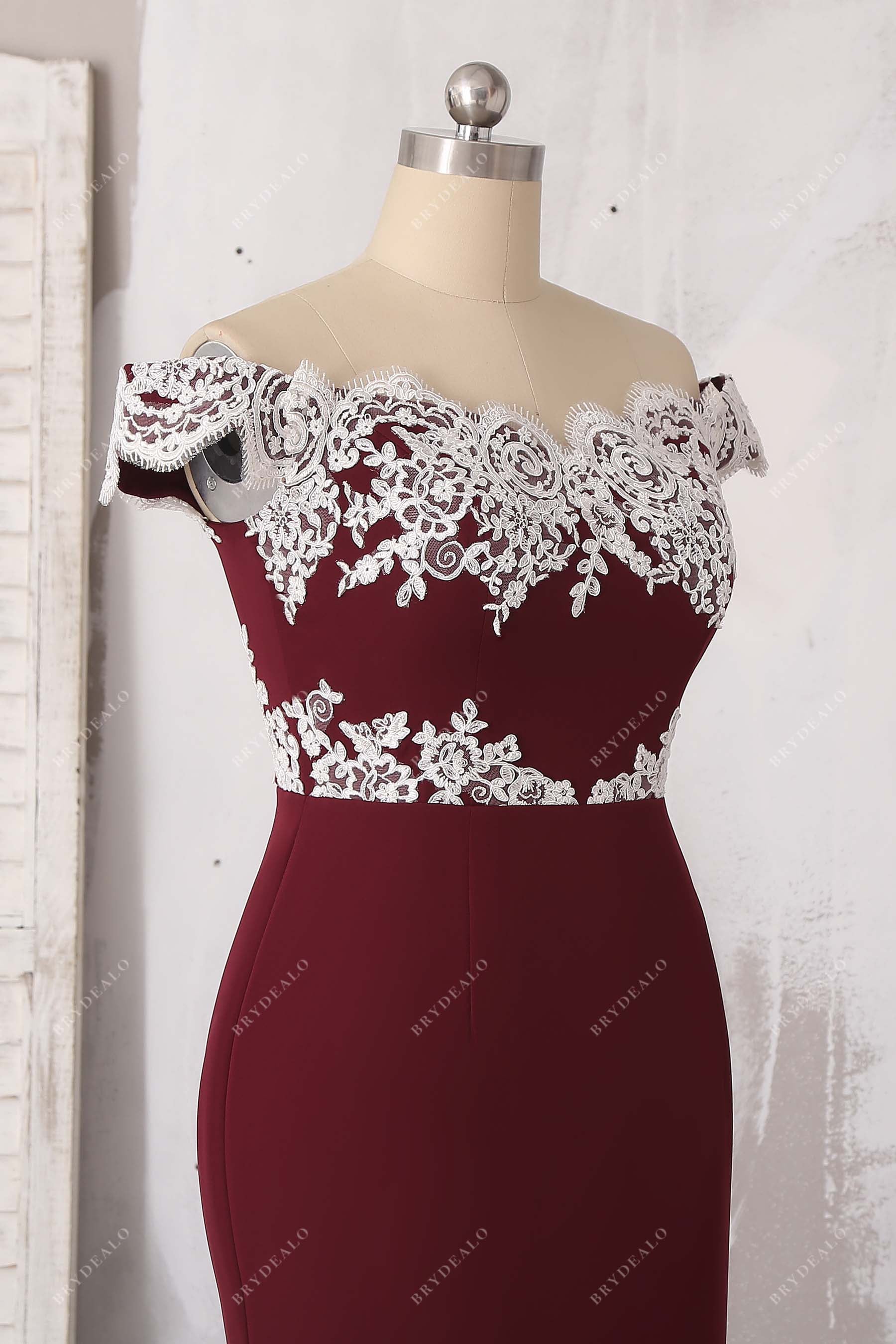 ivory lace burgundy jersey prom dress