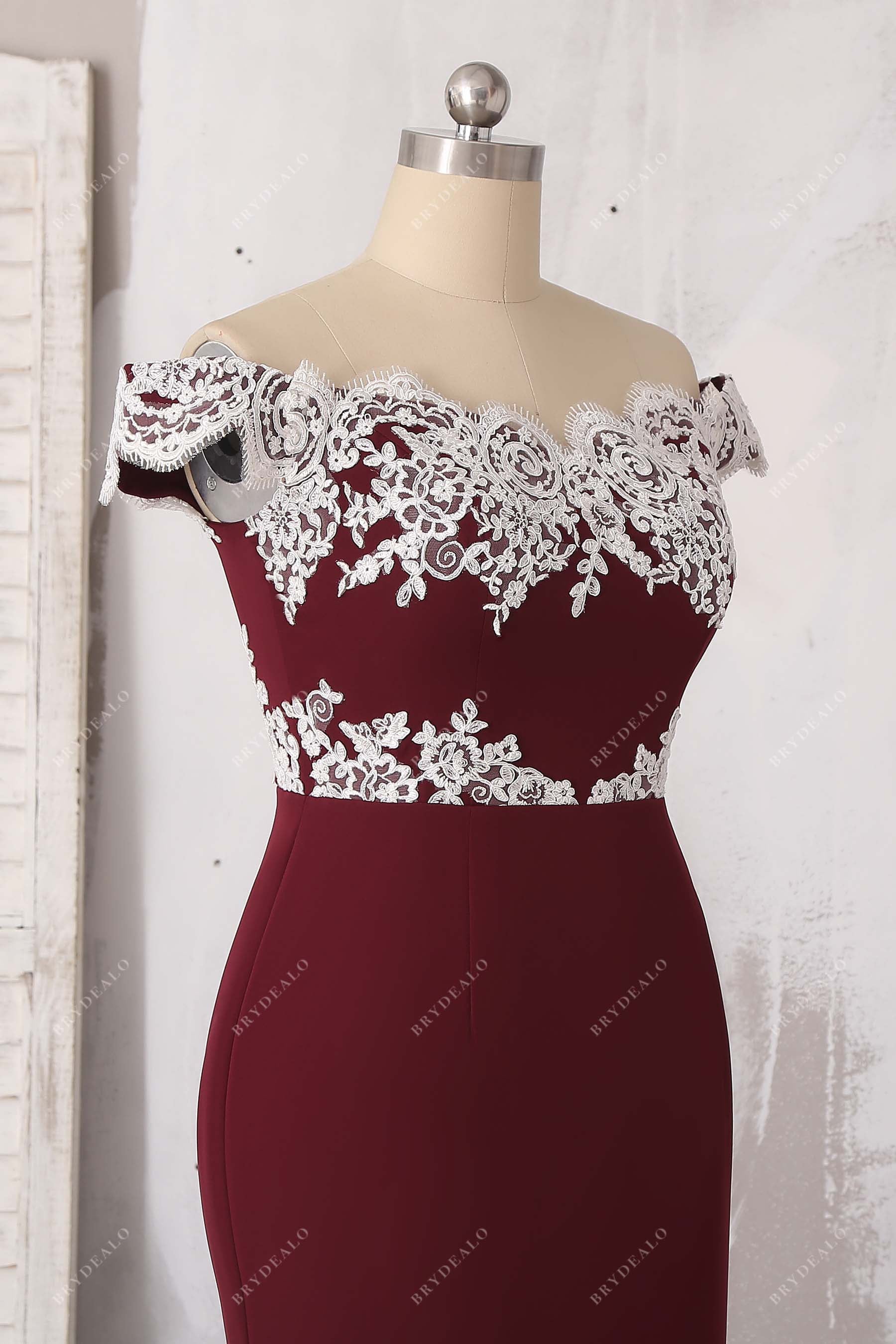 White Lace Off Shoulder Burgundy Crepe Mermaid Dress Brydealo White Lace Off Shoulder Burgundy Crepe Mermaid Dress Brydealo