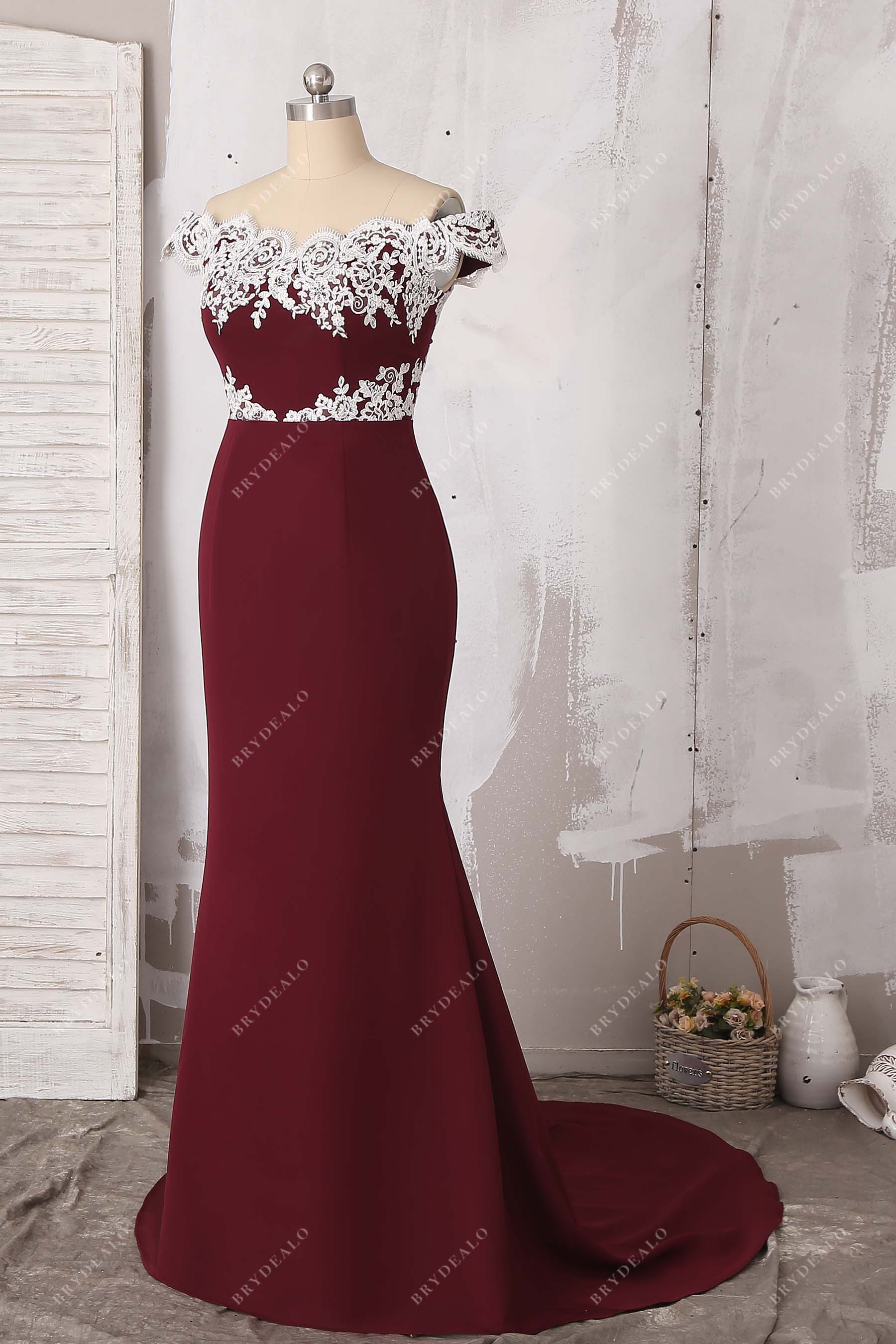 White Lace Off Shoulder Burgundy Crepe Mermaid Dress Brydealo White Lace Off Shoulder Burgundy Crepe Mermaid Dress Brydealo