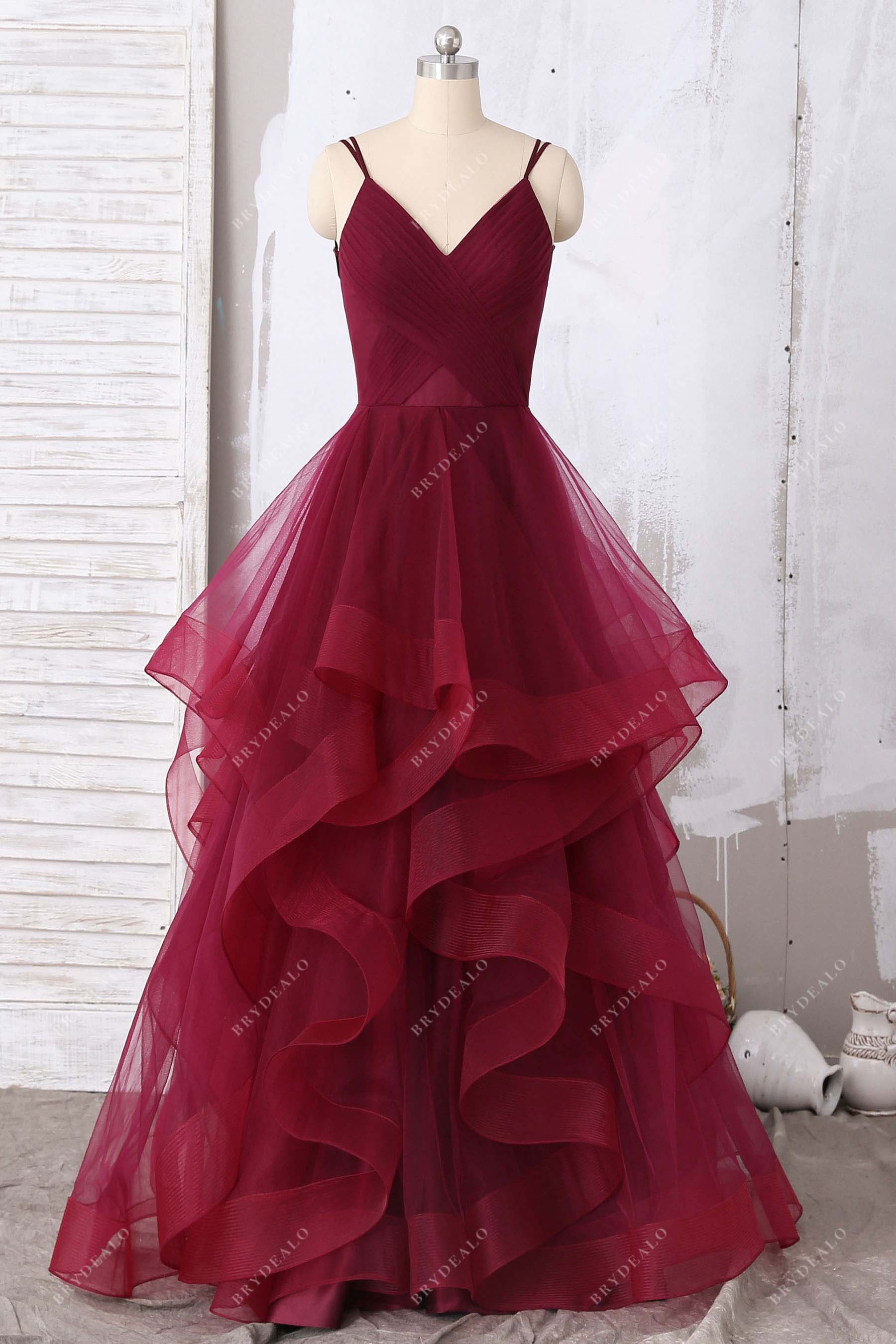 burgundy thin straps ruffled tulle prom dress