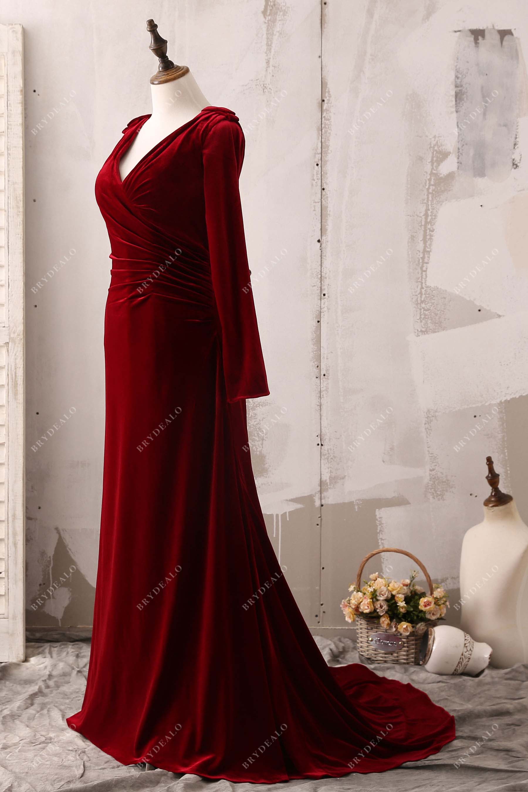 burgundy long sleeve fit and flare formal gown