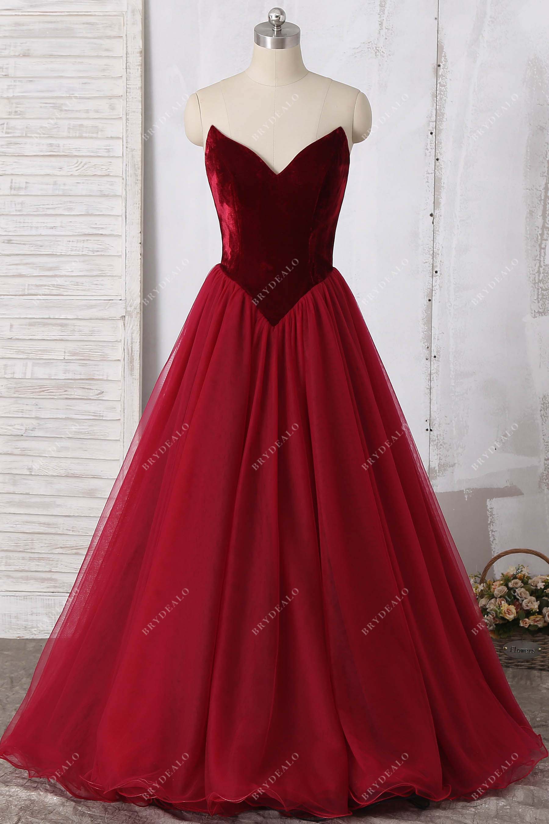 wine burgundy strapless ball gown prom dress