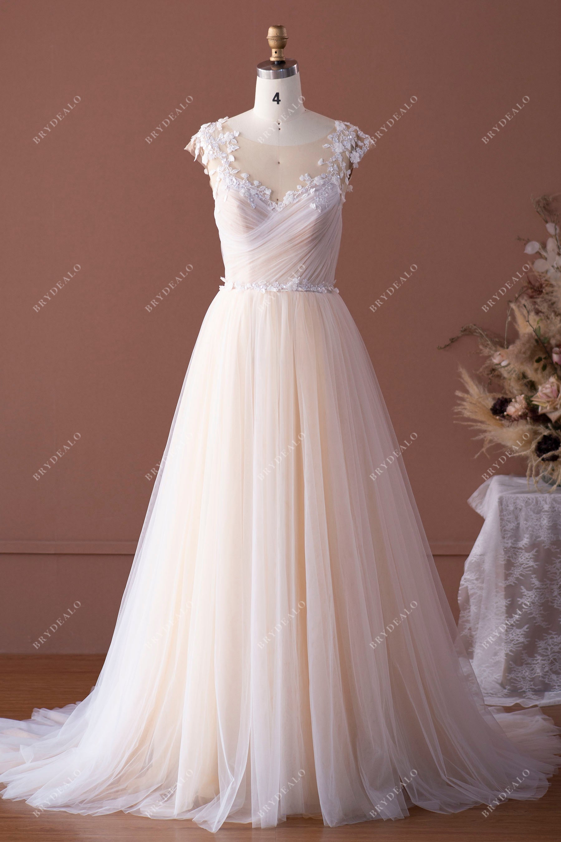 illusion neck cap sleeve tulle A-line wedding dress