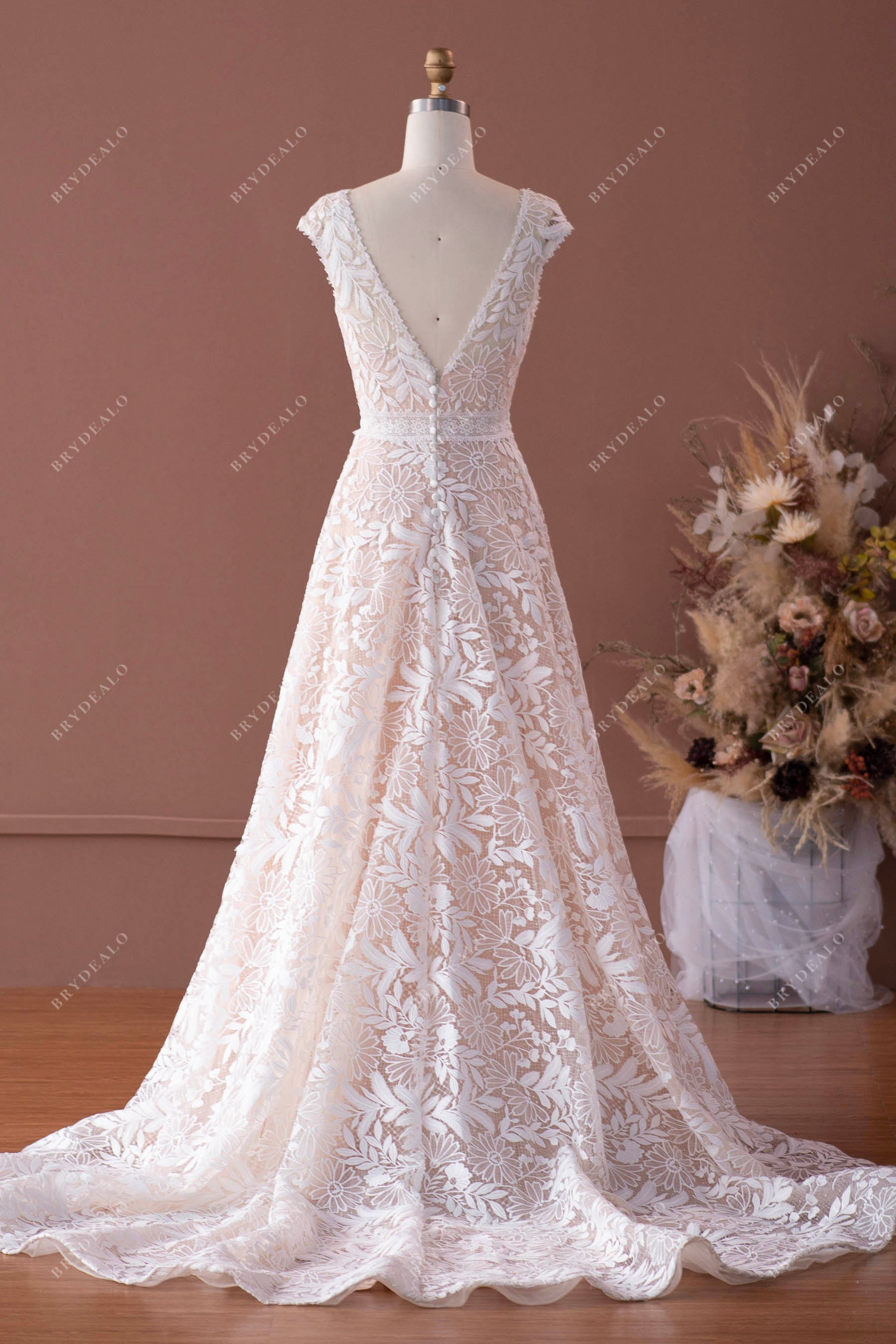 Cap Sleeve A-line Wedding Dress with Venise Lace - Brydealo Cap Sleeve A-line Wedding Dress with Venise Lace - Brydealo