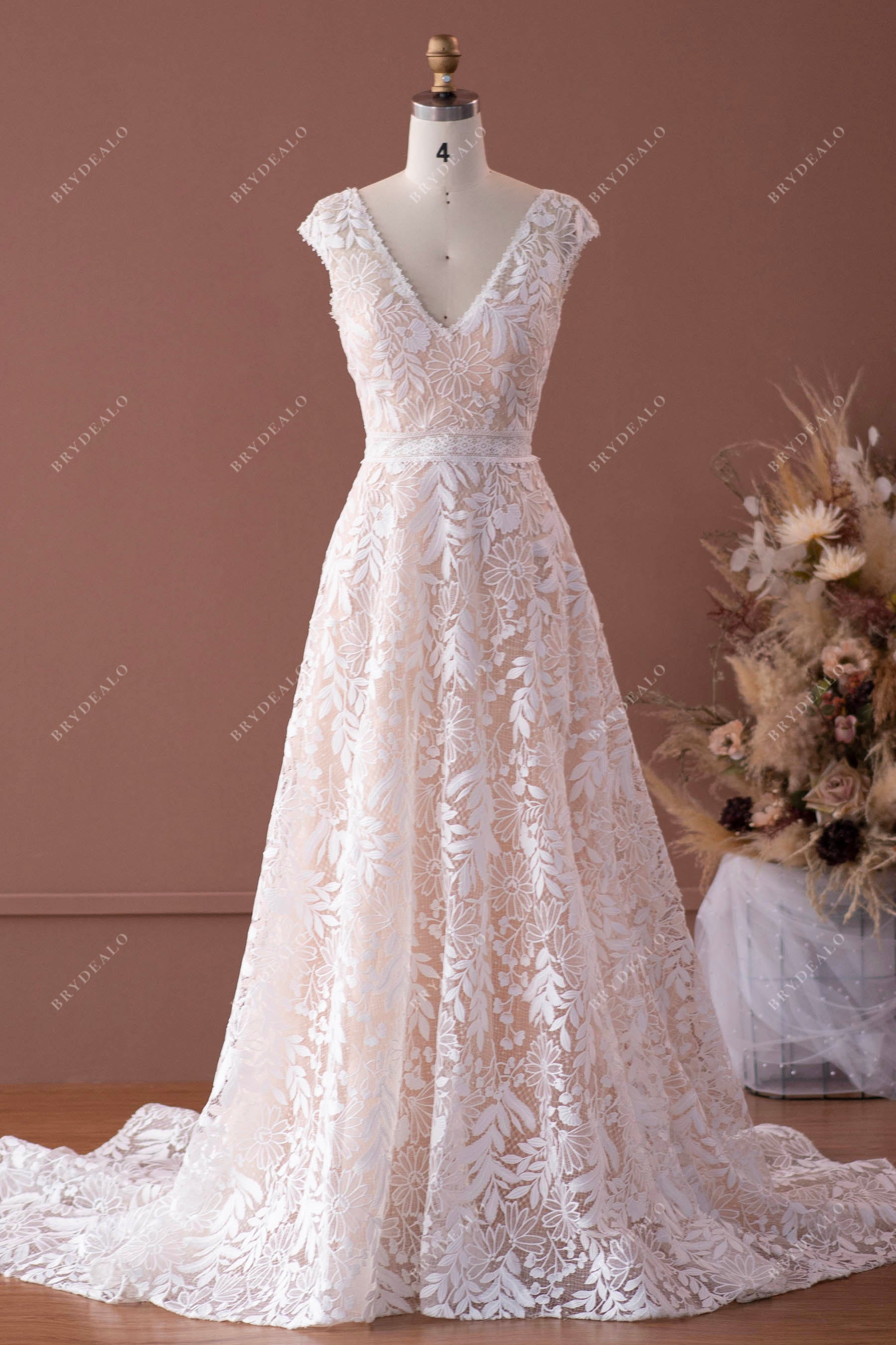 pink nude lace long train wedding dress