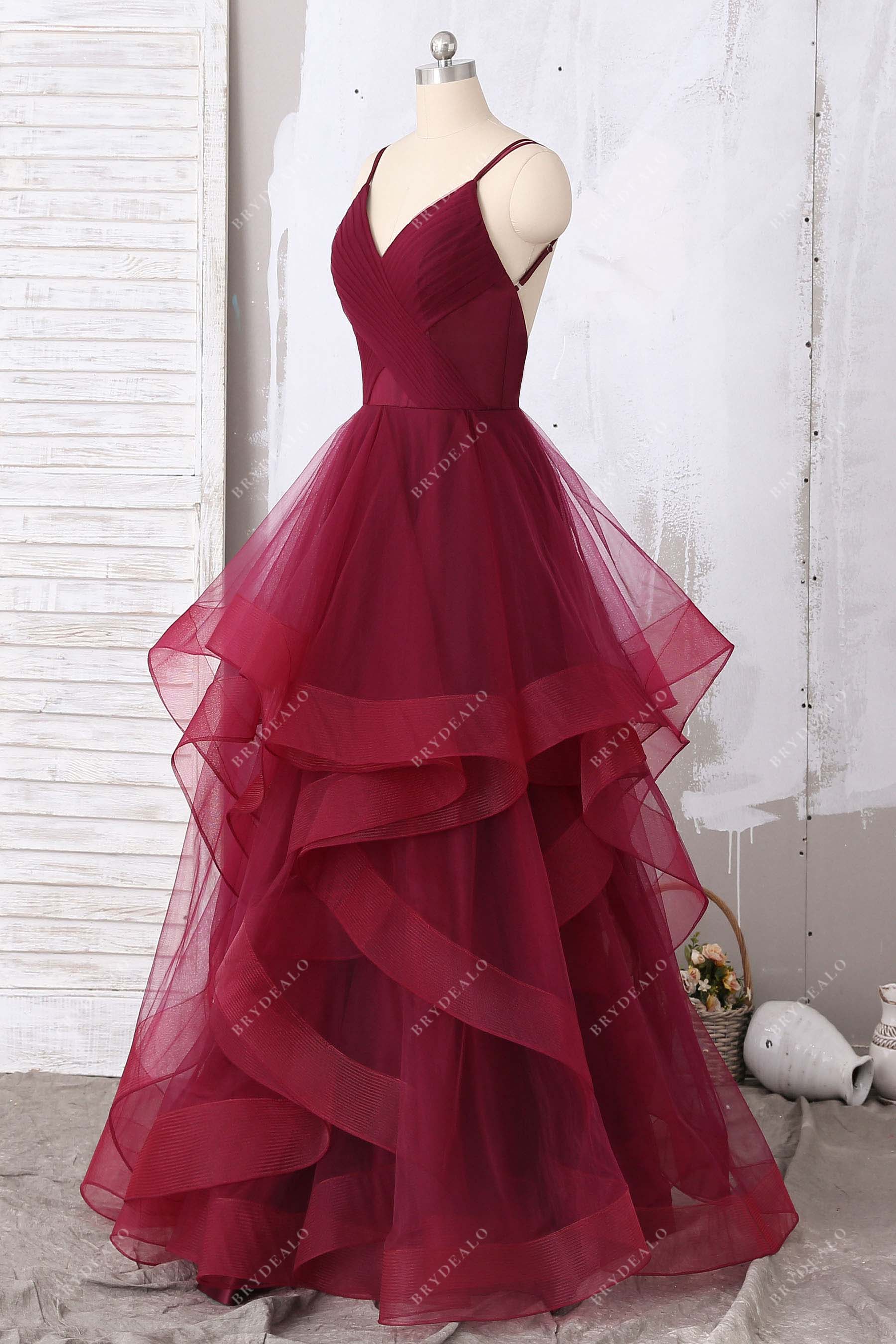 v-neck ruffled tulle prom gown