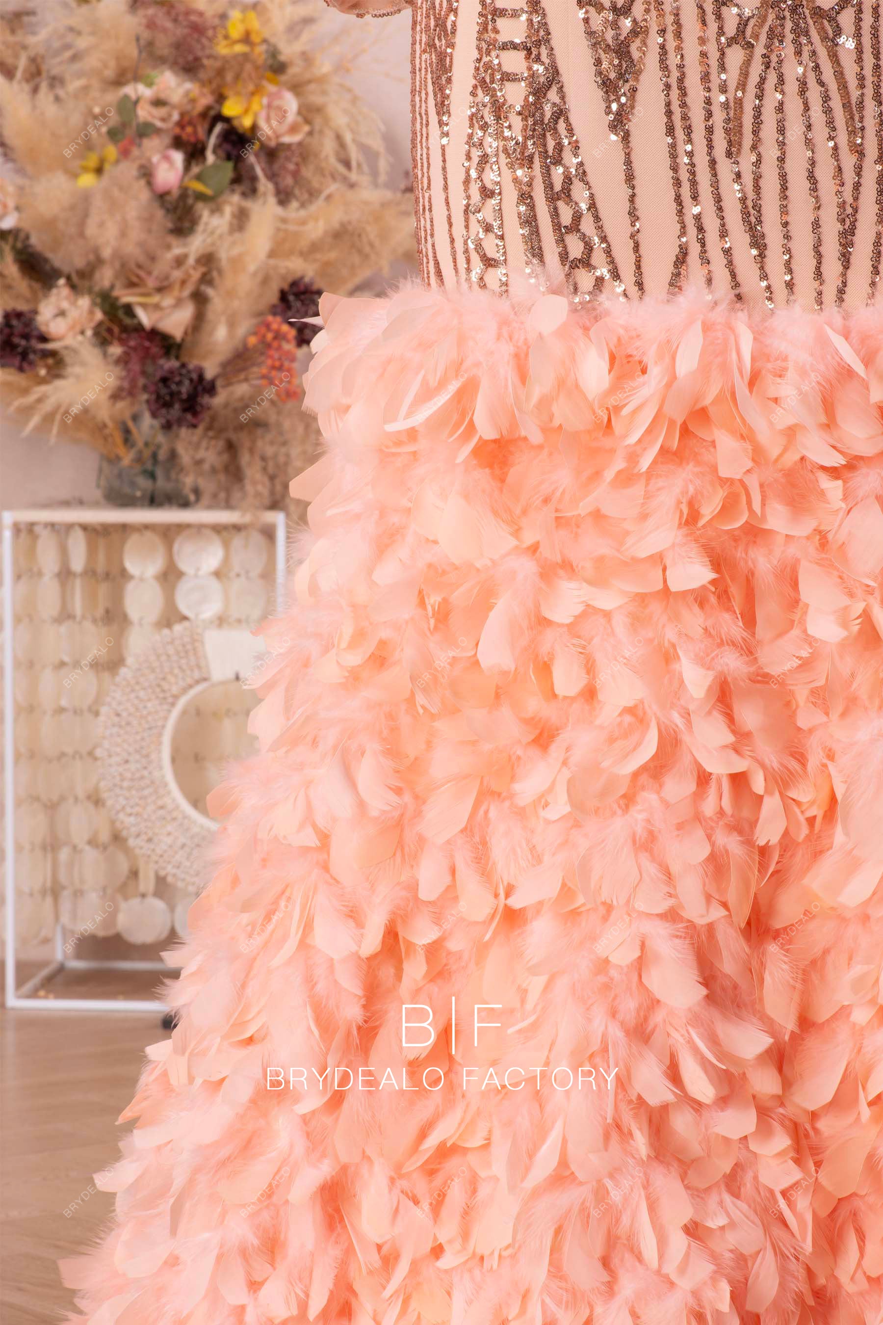 peach feather mermaid prom dress