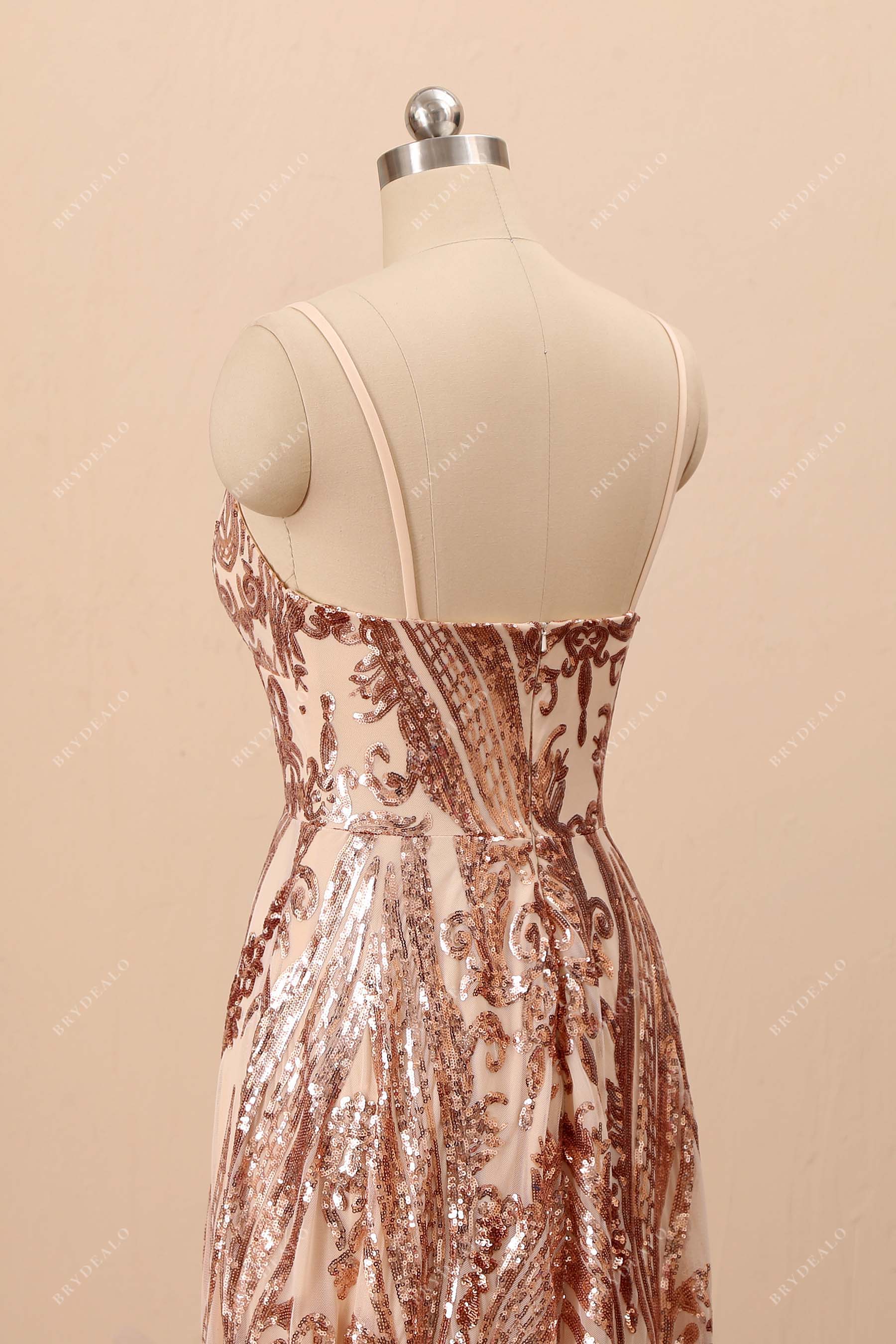 thin straps open back formal dress