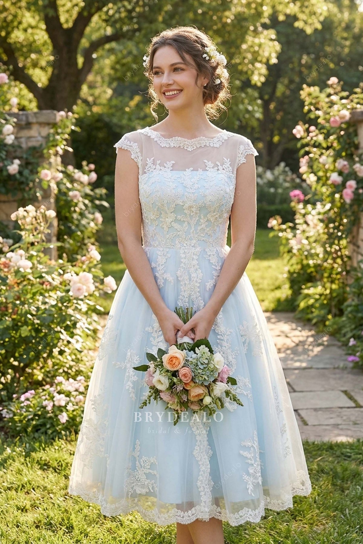 champagne lace tea length bridal dress