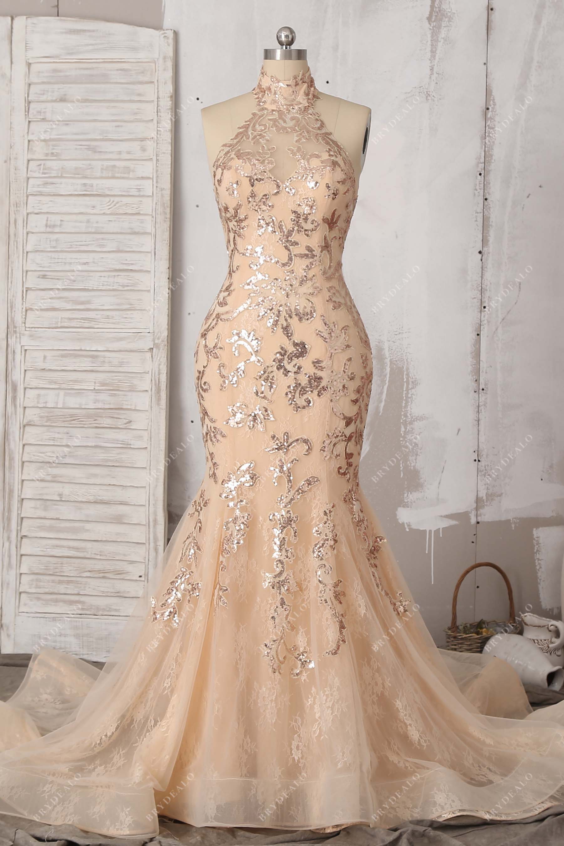 champagne halter sequin applique prom dress