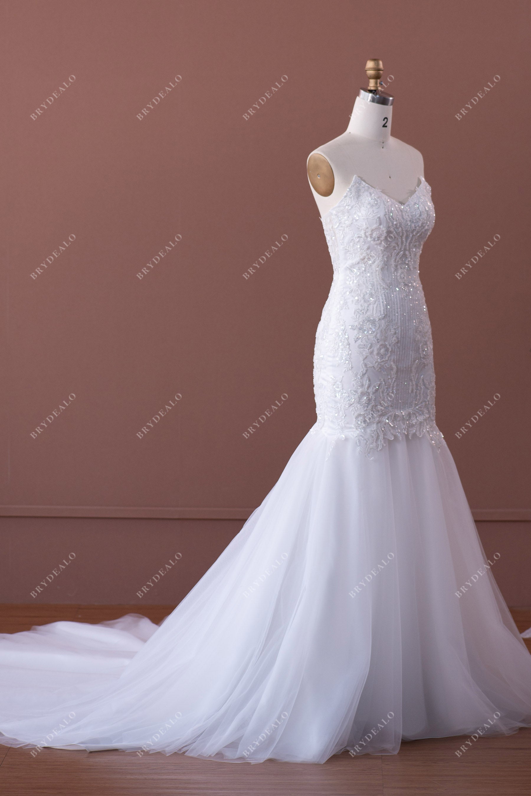 v-neck trumpet sequin tulle wedding dress