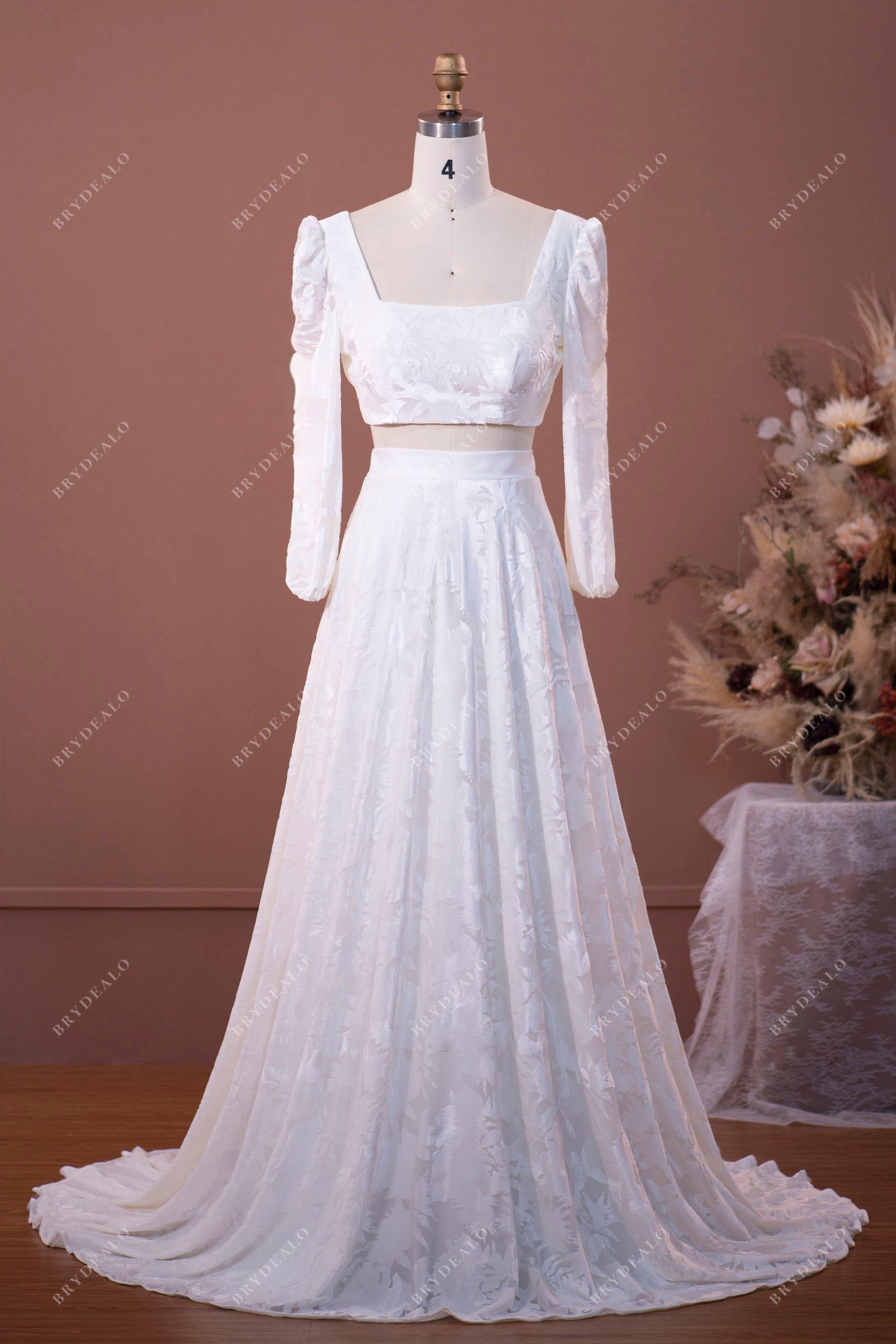 two piece long sleeve A-line wedding dress