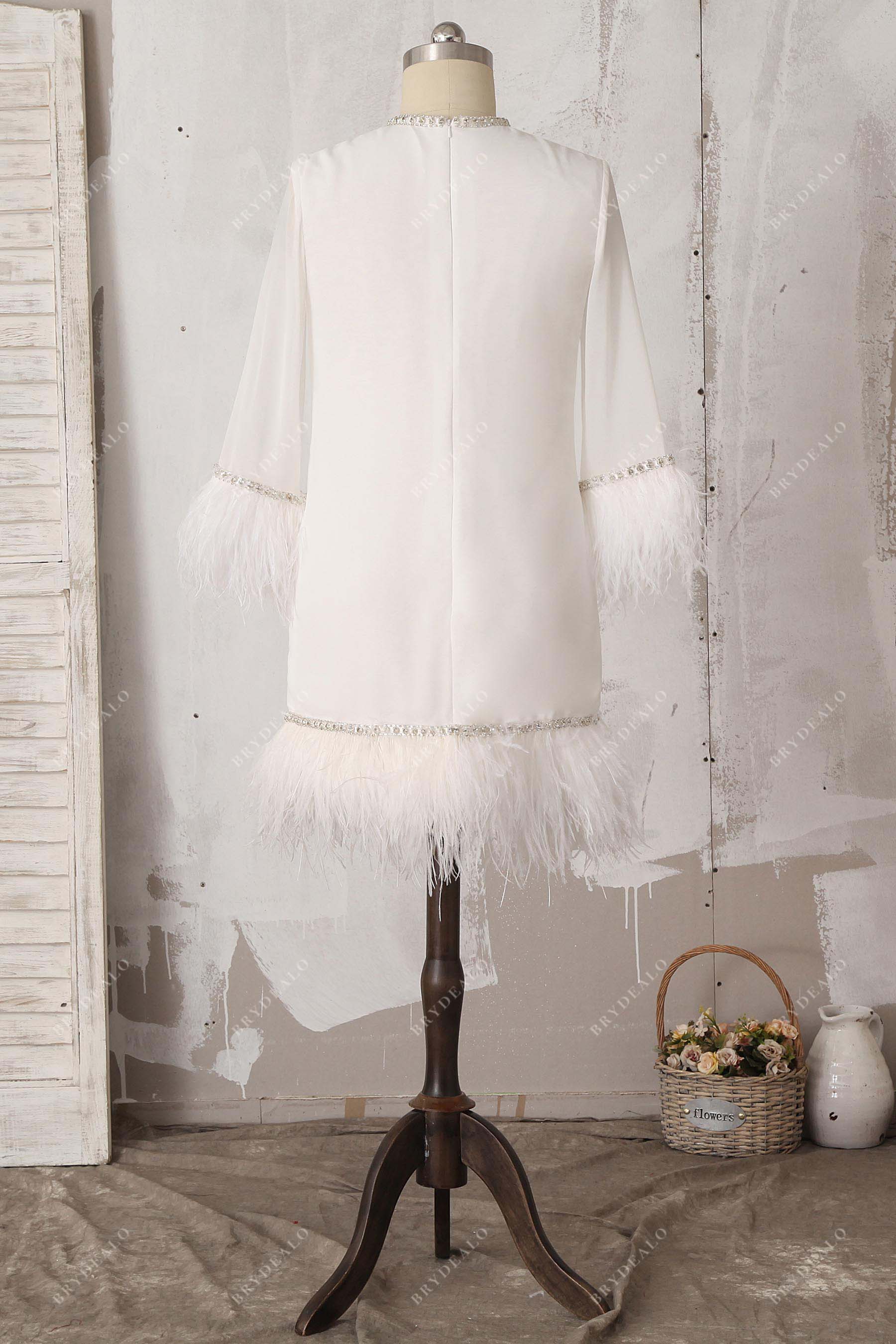 long sleeve feathered mini bridal dress