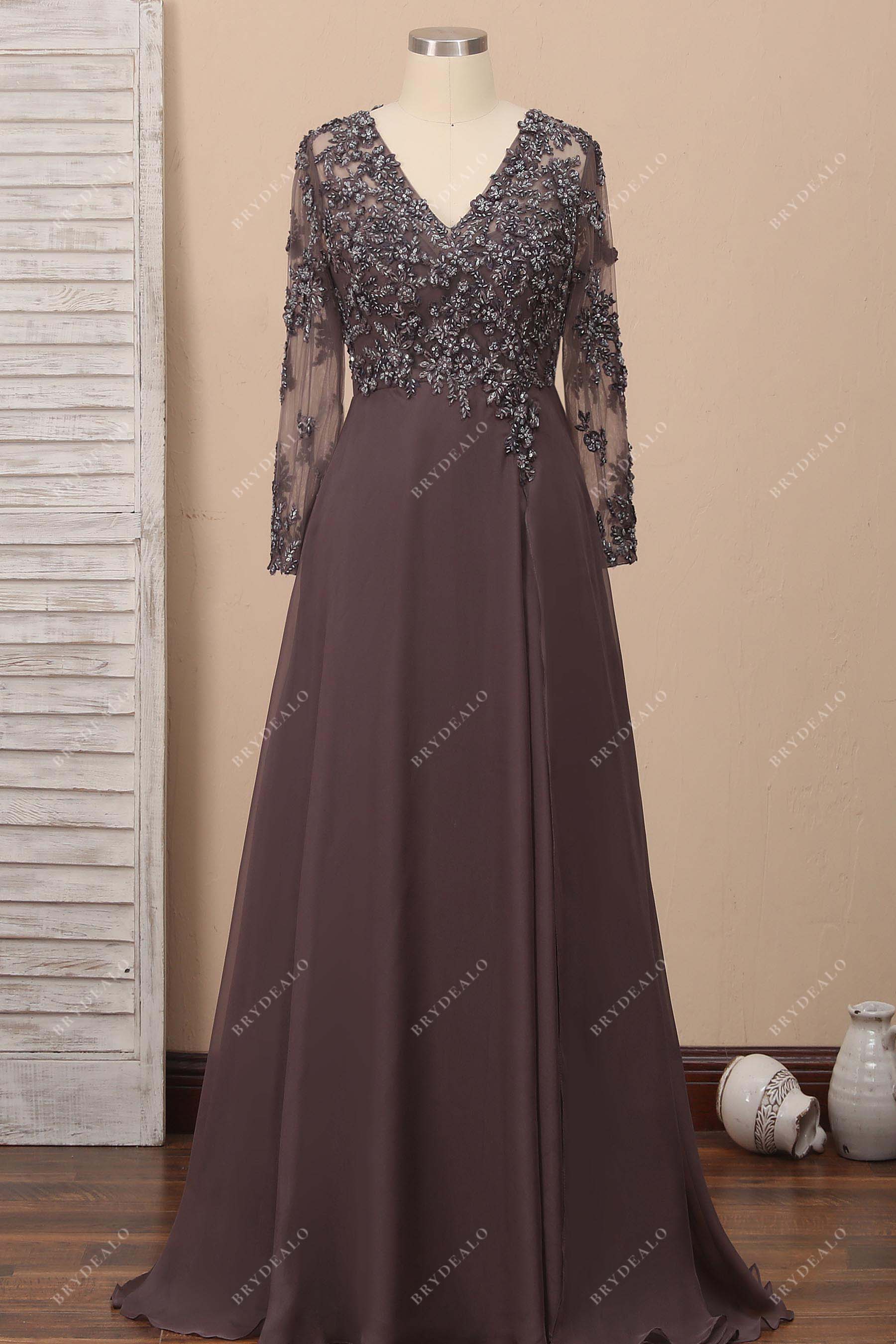 v-neck long sleeves brown beaded prom dress
