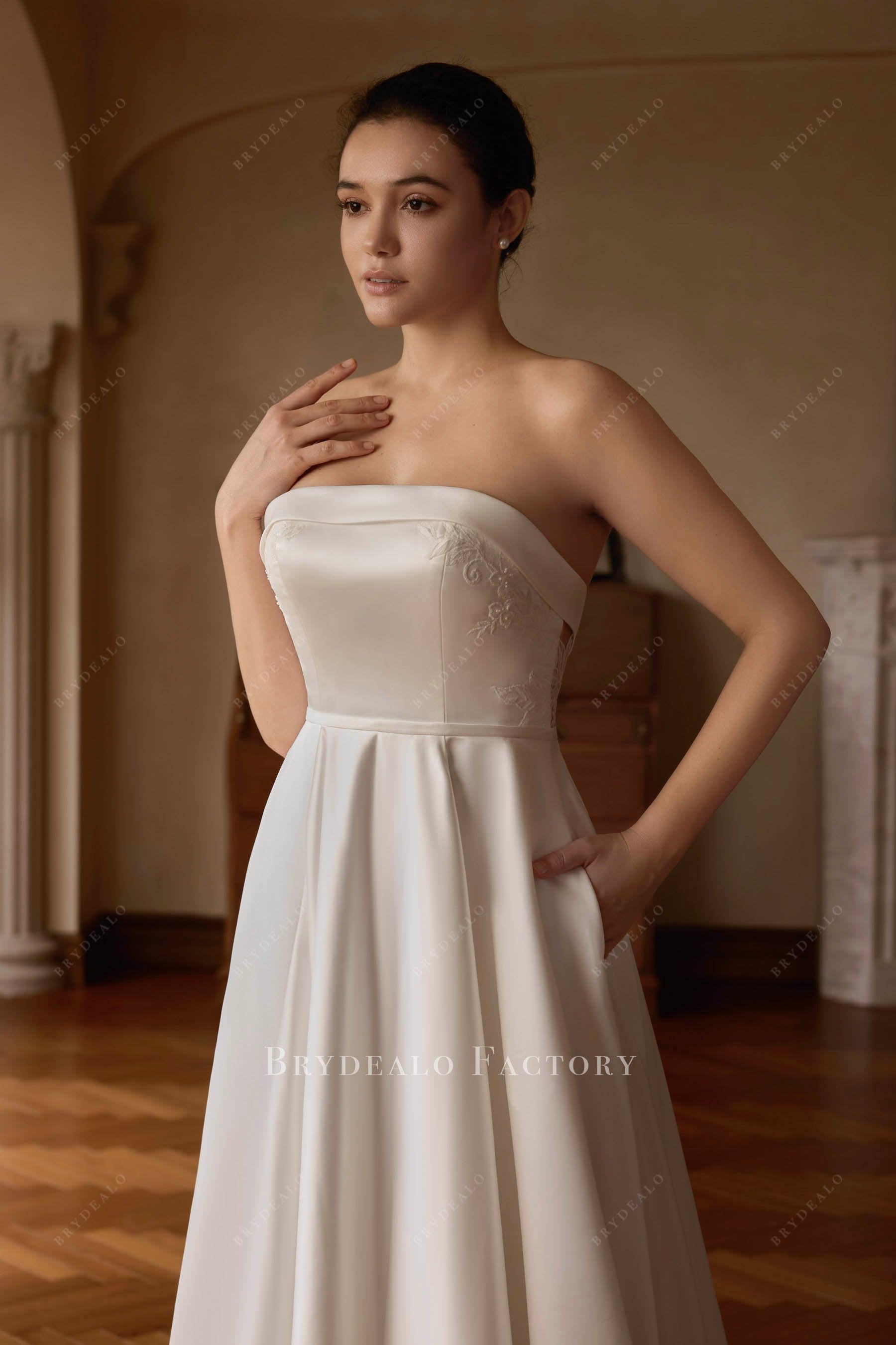 Classic straight across neck bridal dress