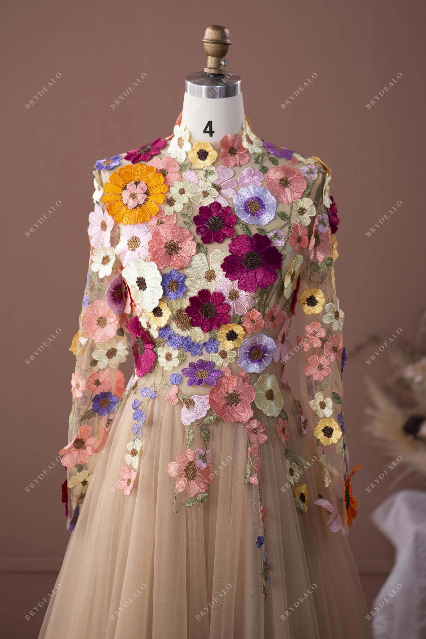 colorful flowers long sleeves bridal dress