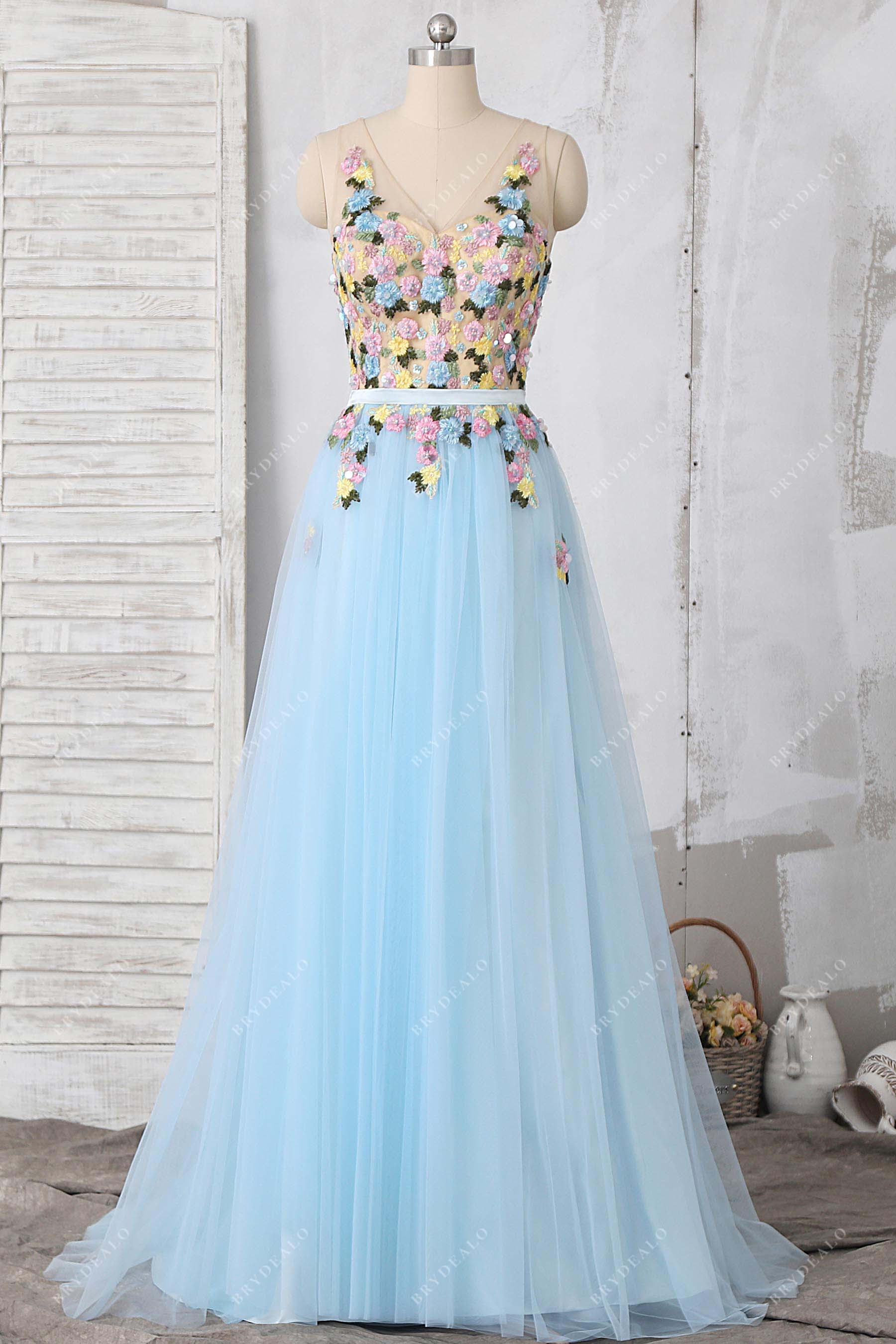 colorful 3D flowers tulle A-line prom dress