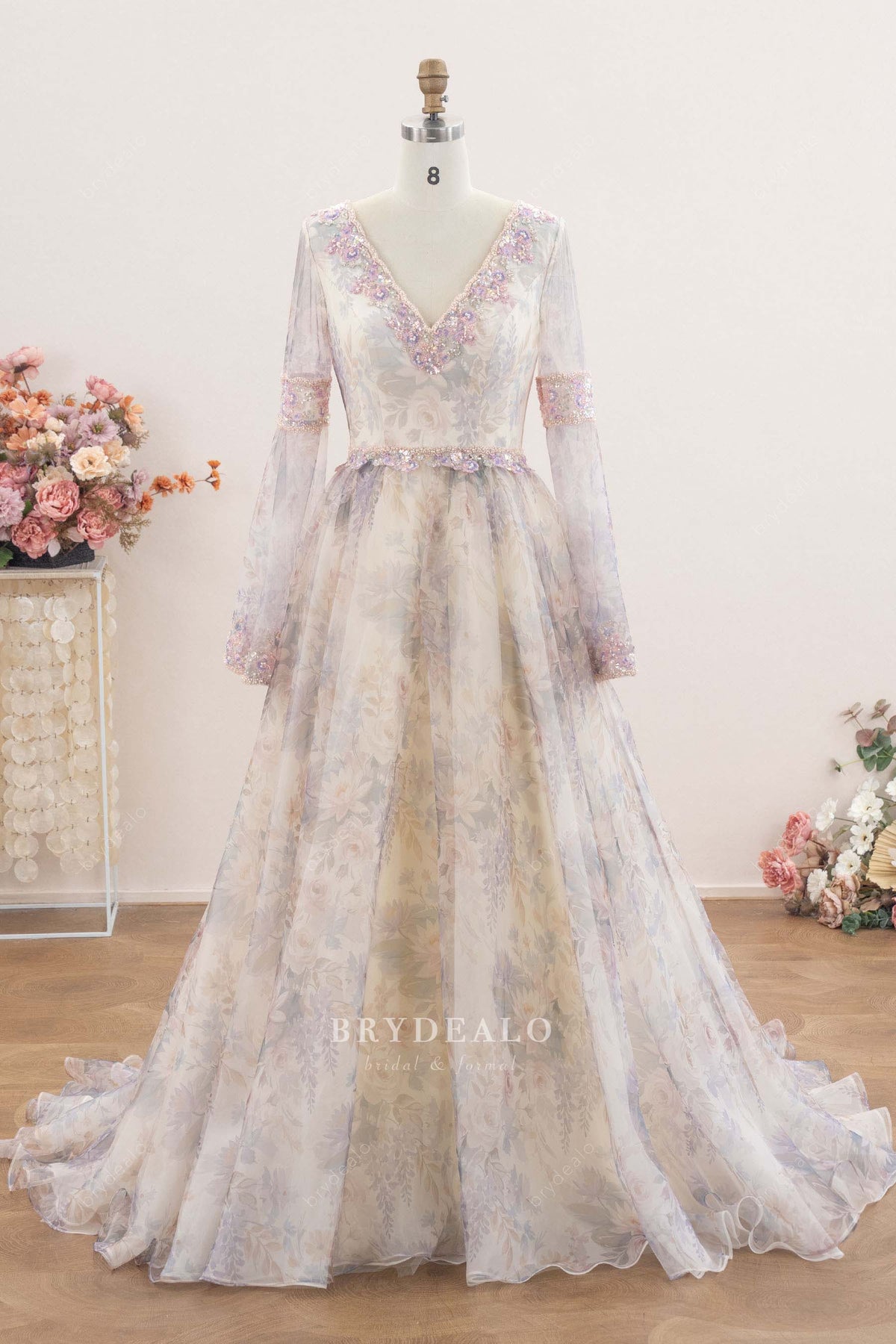 court train plunging wedding dress 