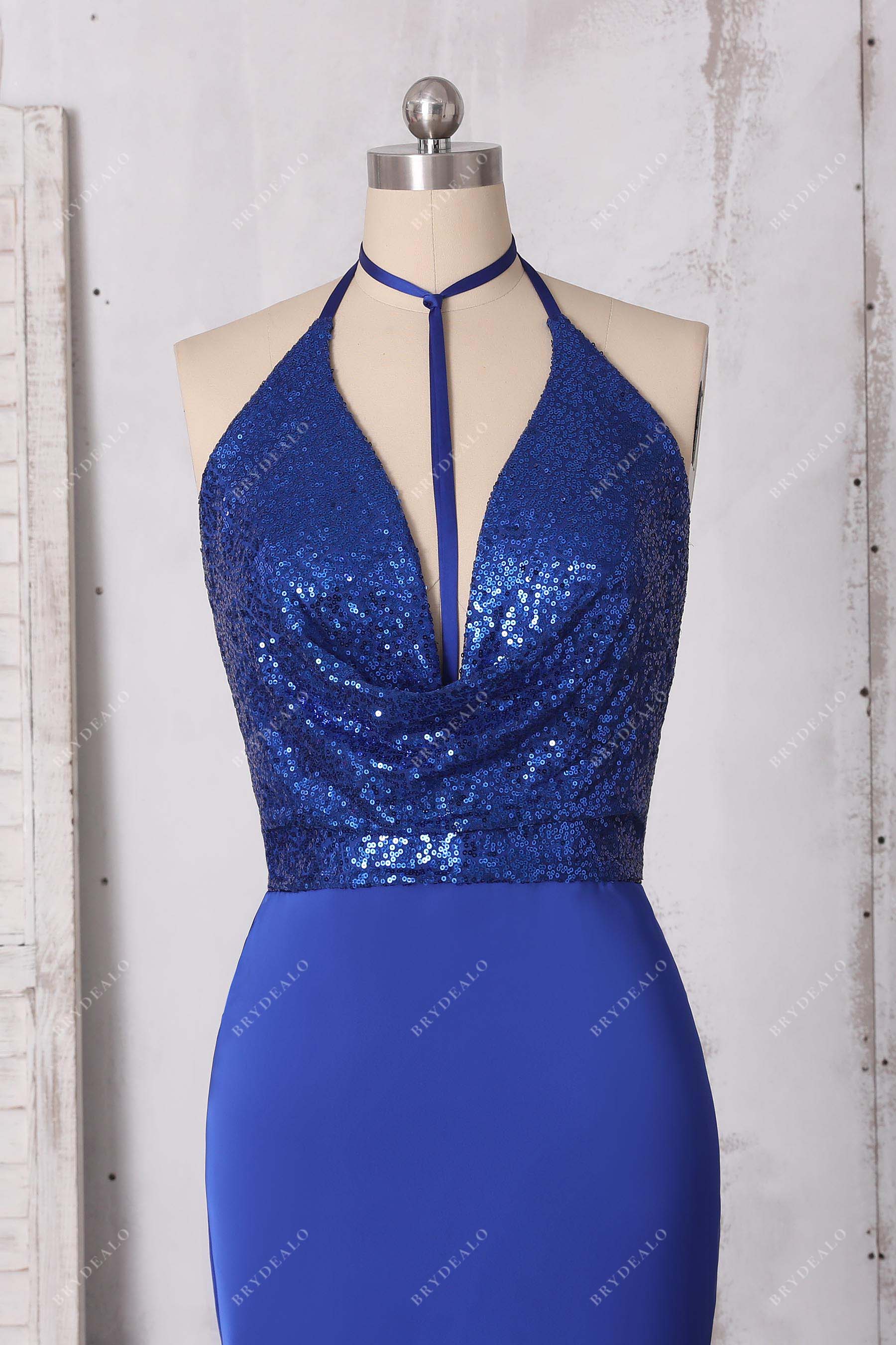cowl neck sequin corset satin prom dress