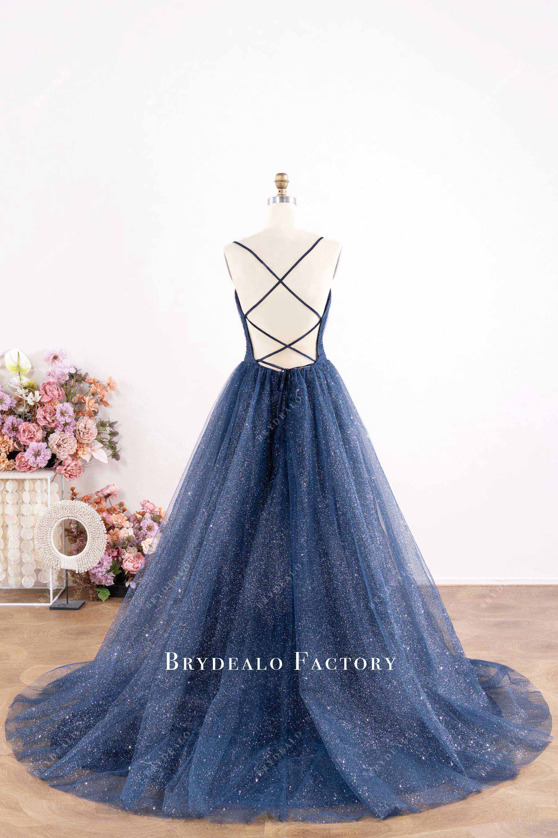 Navy Shimmery Tulle V Neck Criss Cross Back Prom Dress