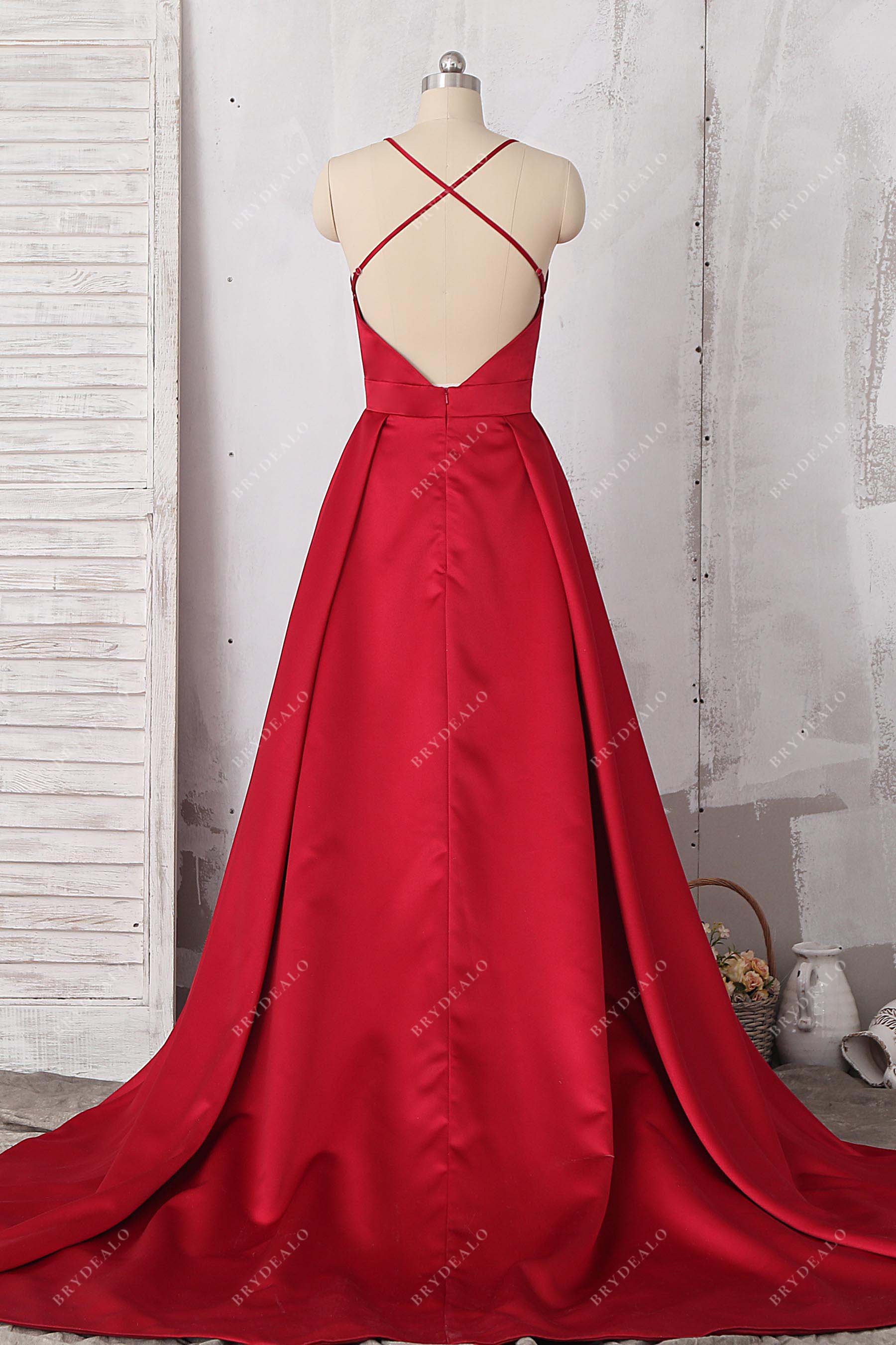 crisscross open back red satin formal dress