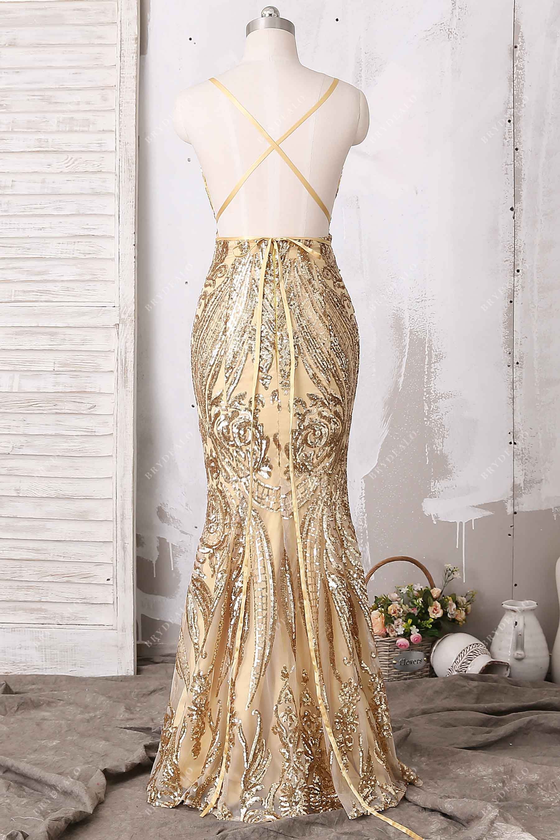 gold sequin crisscross back mermaid prom dress