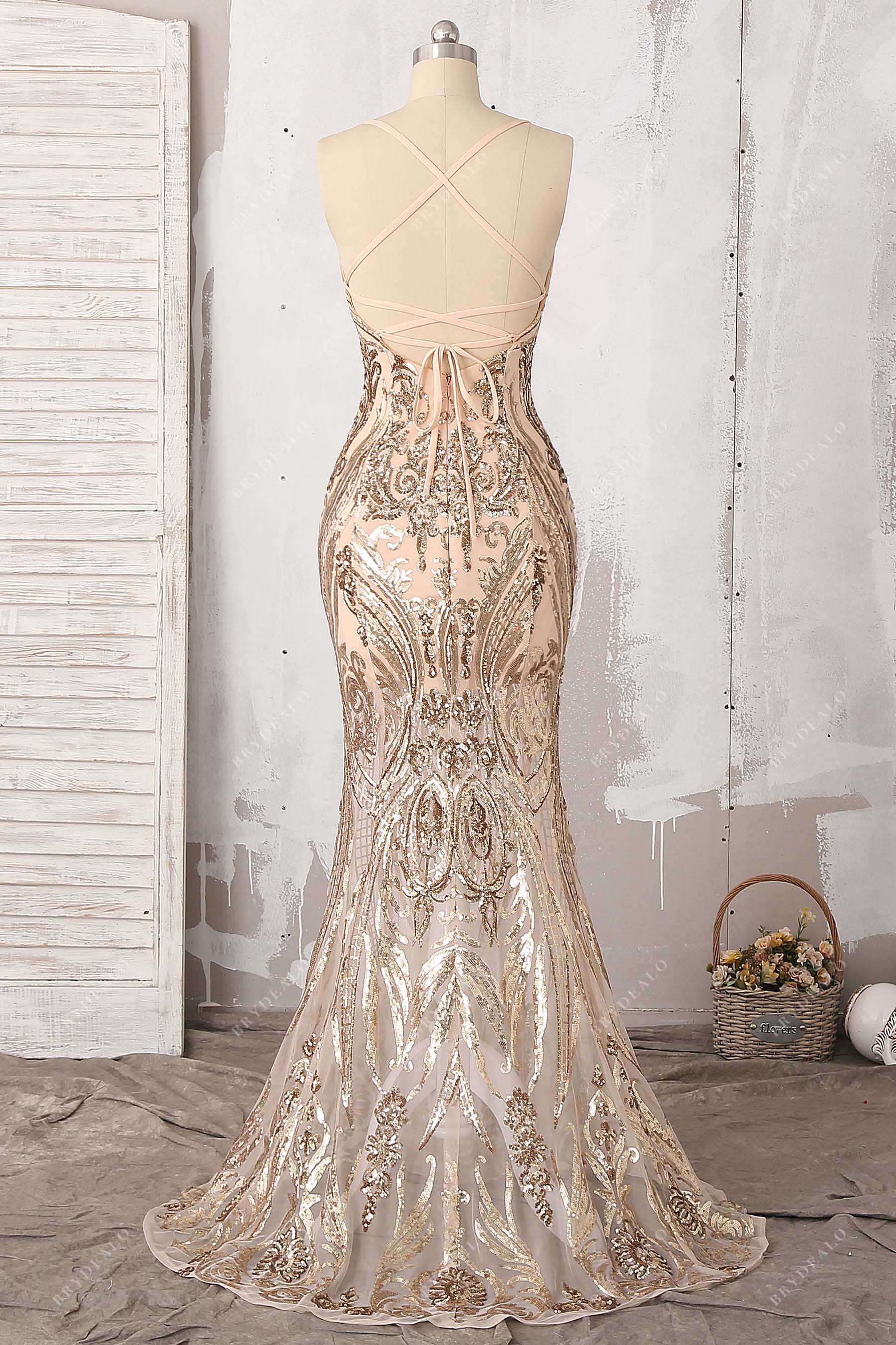 crisscross open back mermaid prom gown