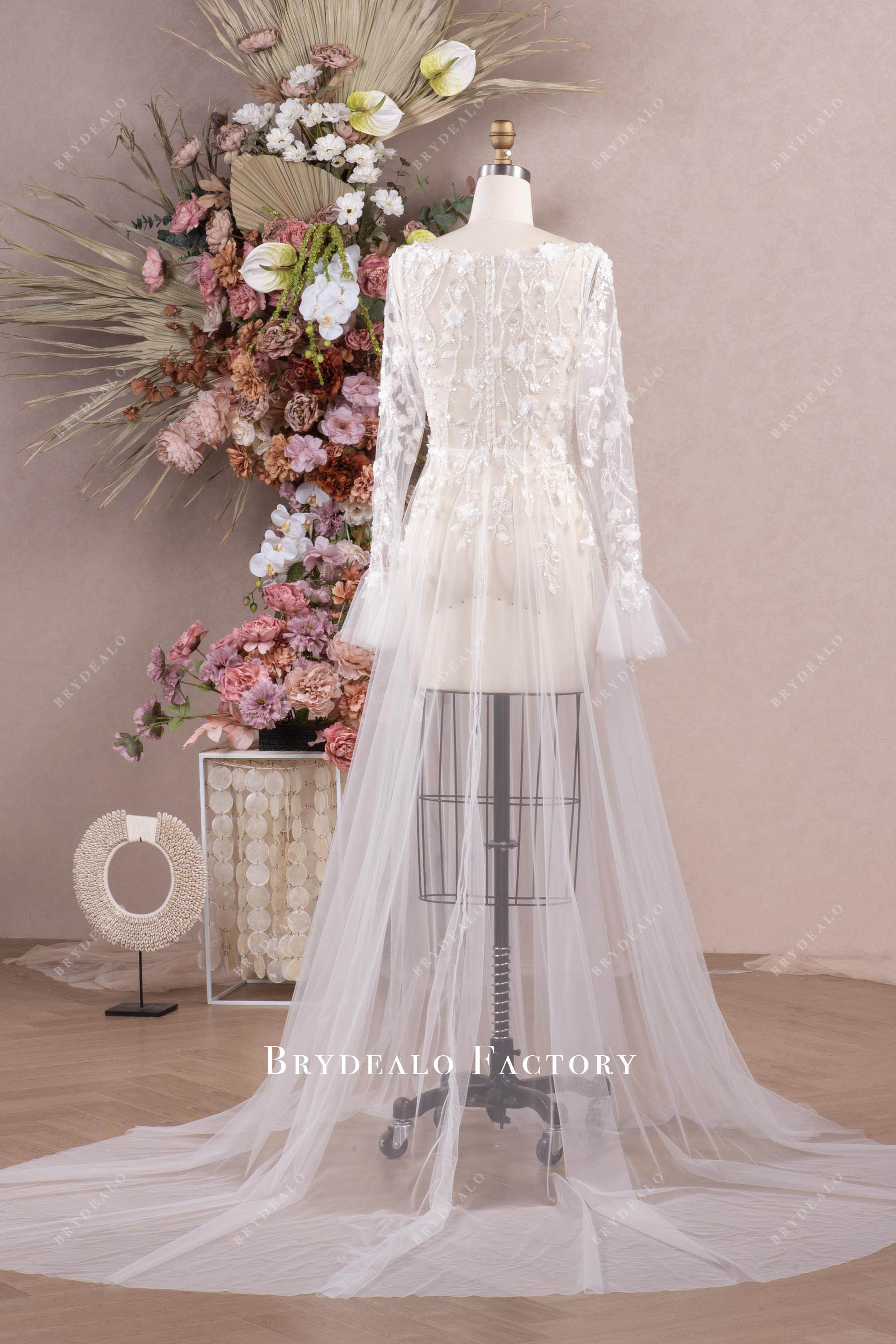 sheer beaded lace back sleeved bridal robe