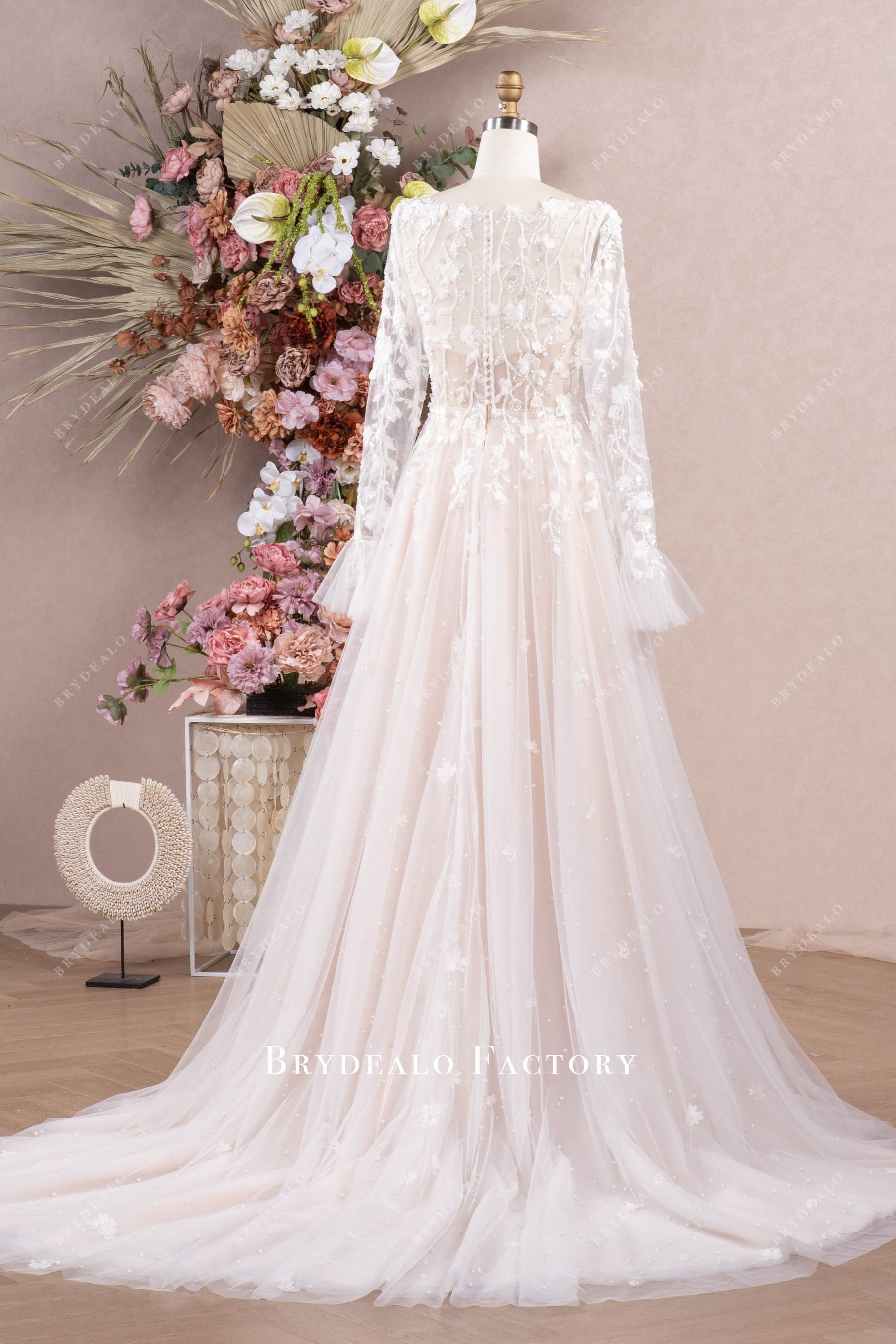 crystal buttoned back long train wedding dress