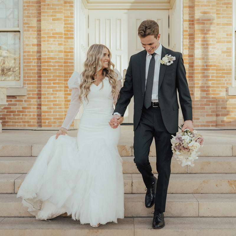 custom puffy sleeve trumpet wedding dress