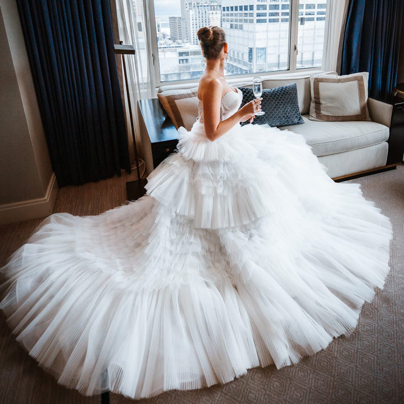 custom tiered pleated tulle wedding ballgown