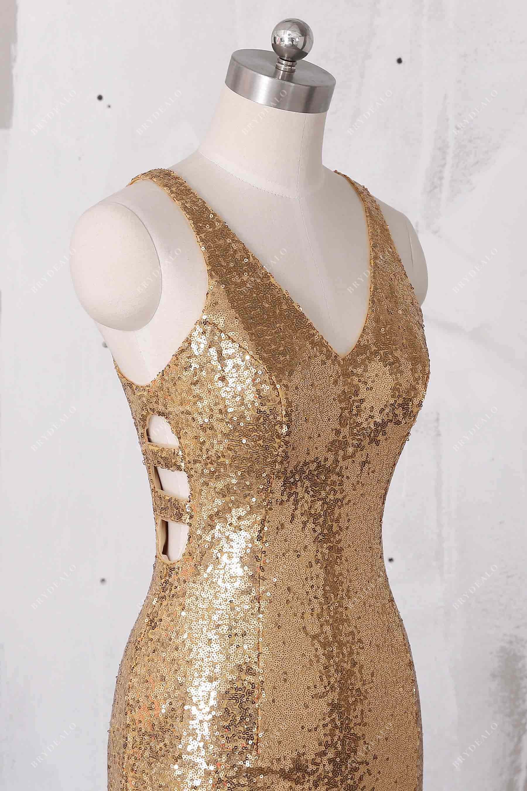 cutouts V-neck sleeveless gold prom gown