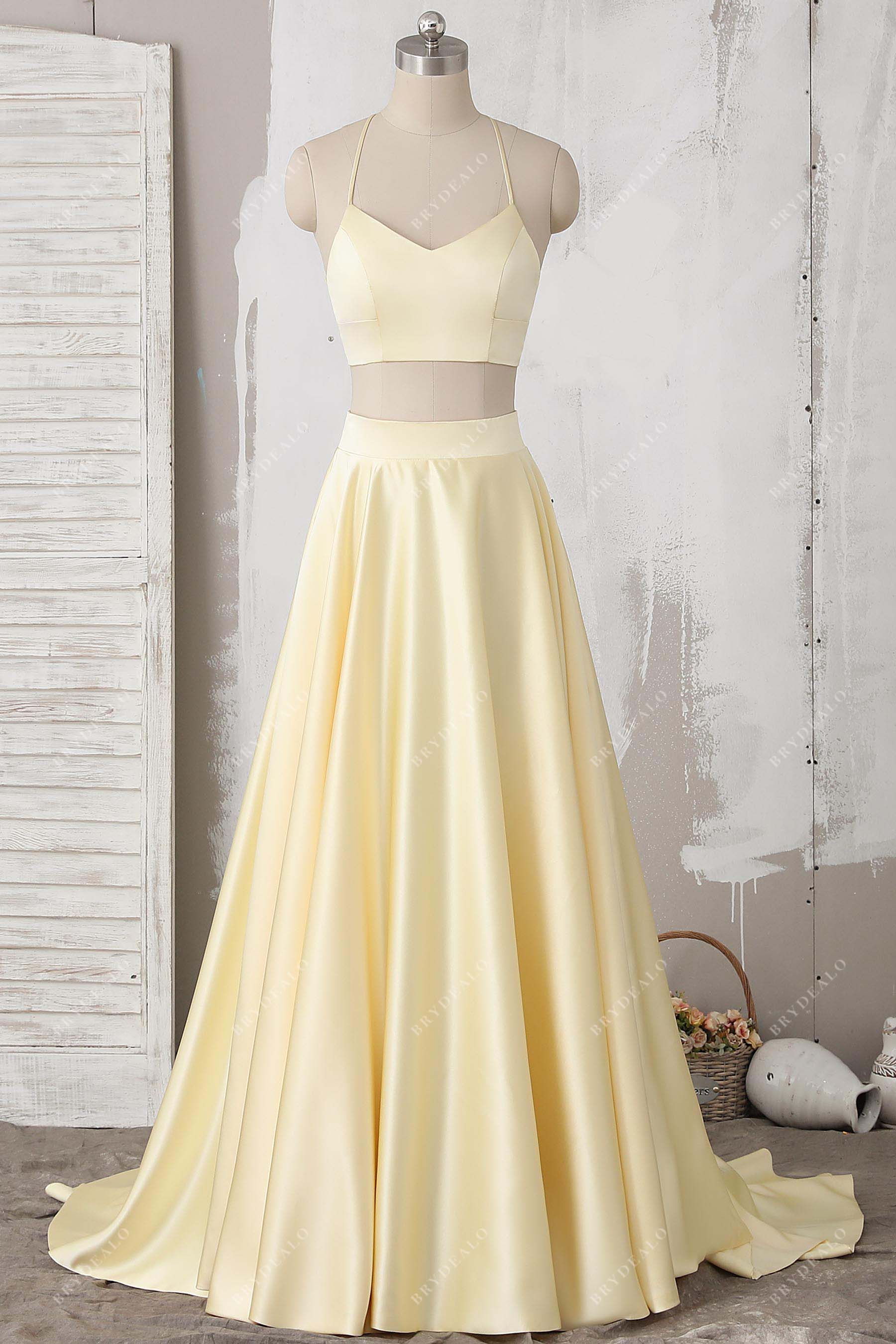 Two-Piece Yellow Satin Halter Prom Dress