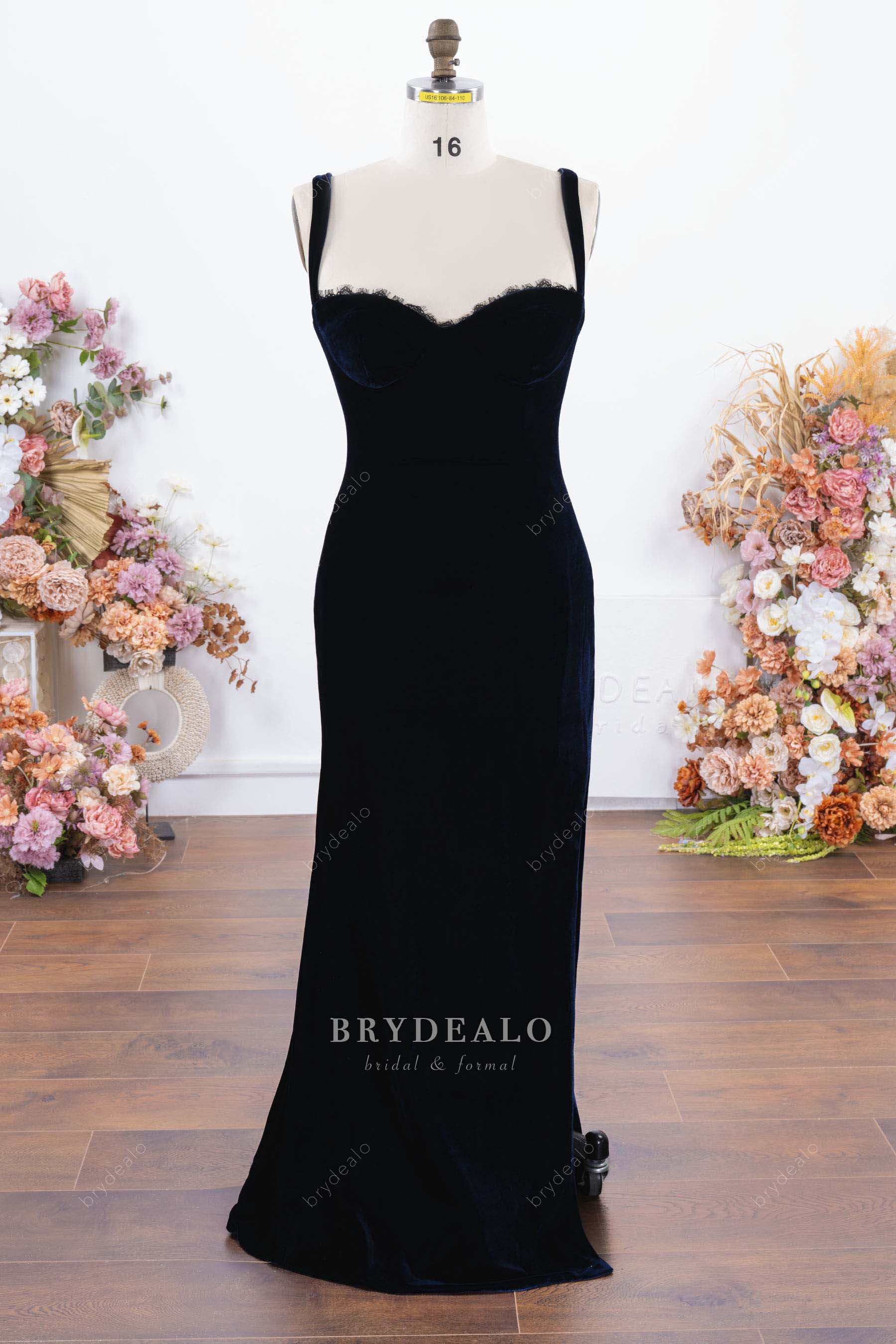 dark navy fit flare velvet prom dress