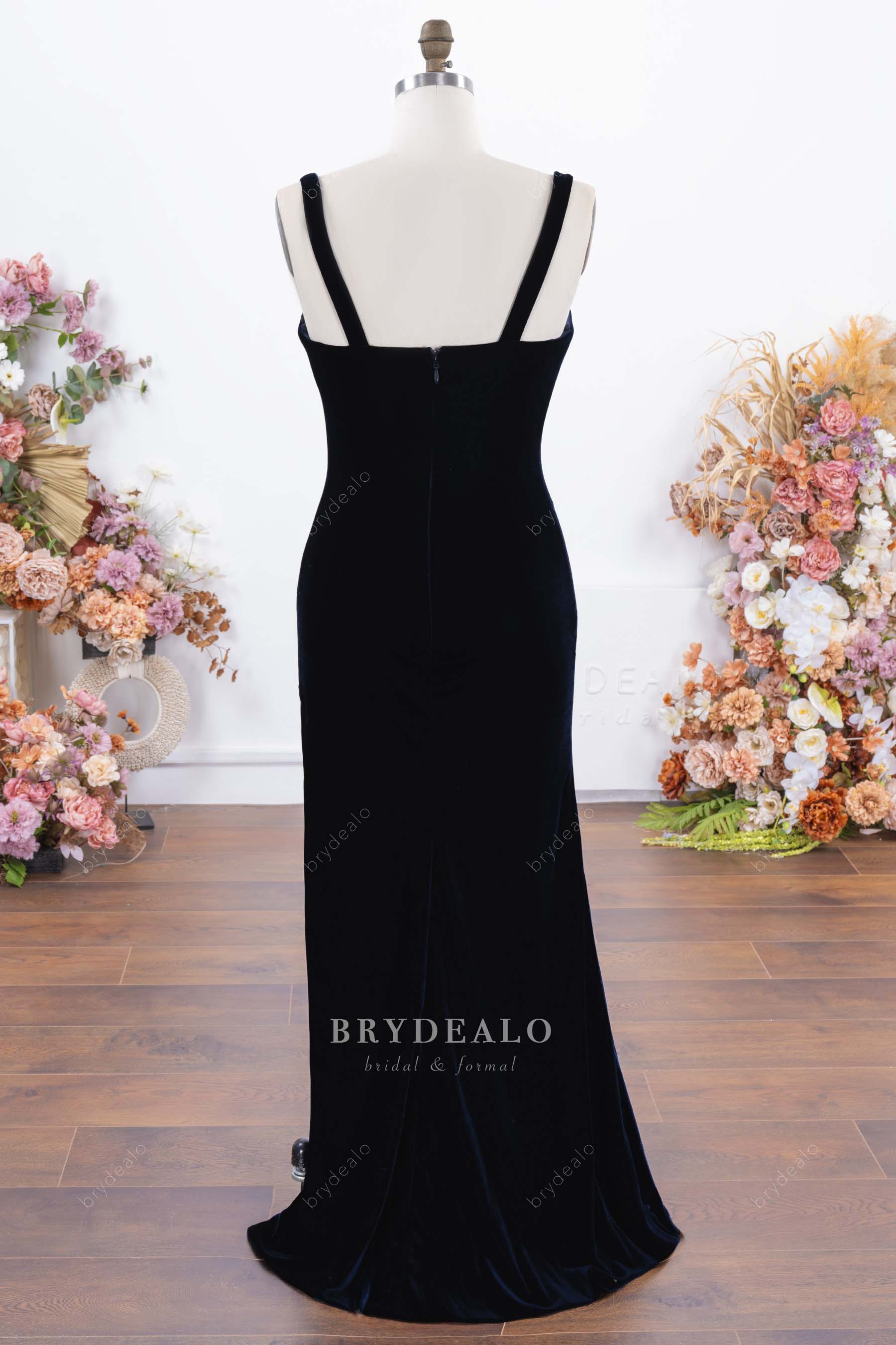dark navy fit floor length prom dress