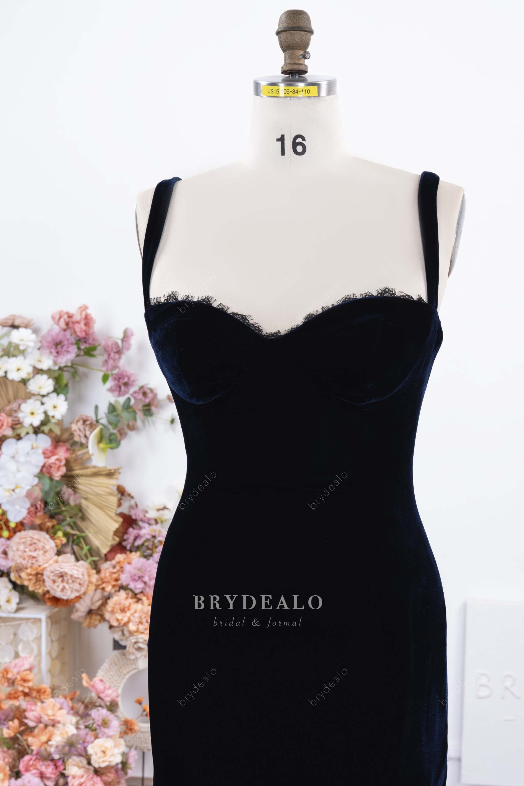 dark navy velvet sweetheart neck prom dress