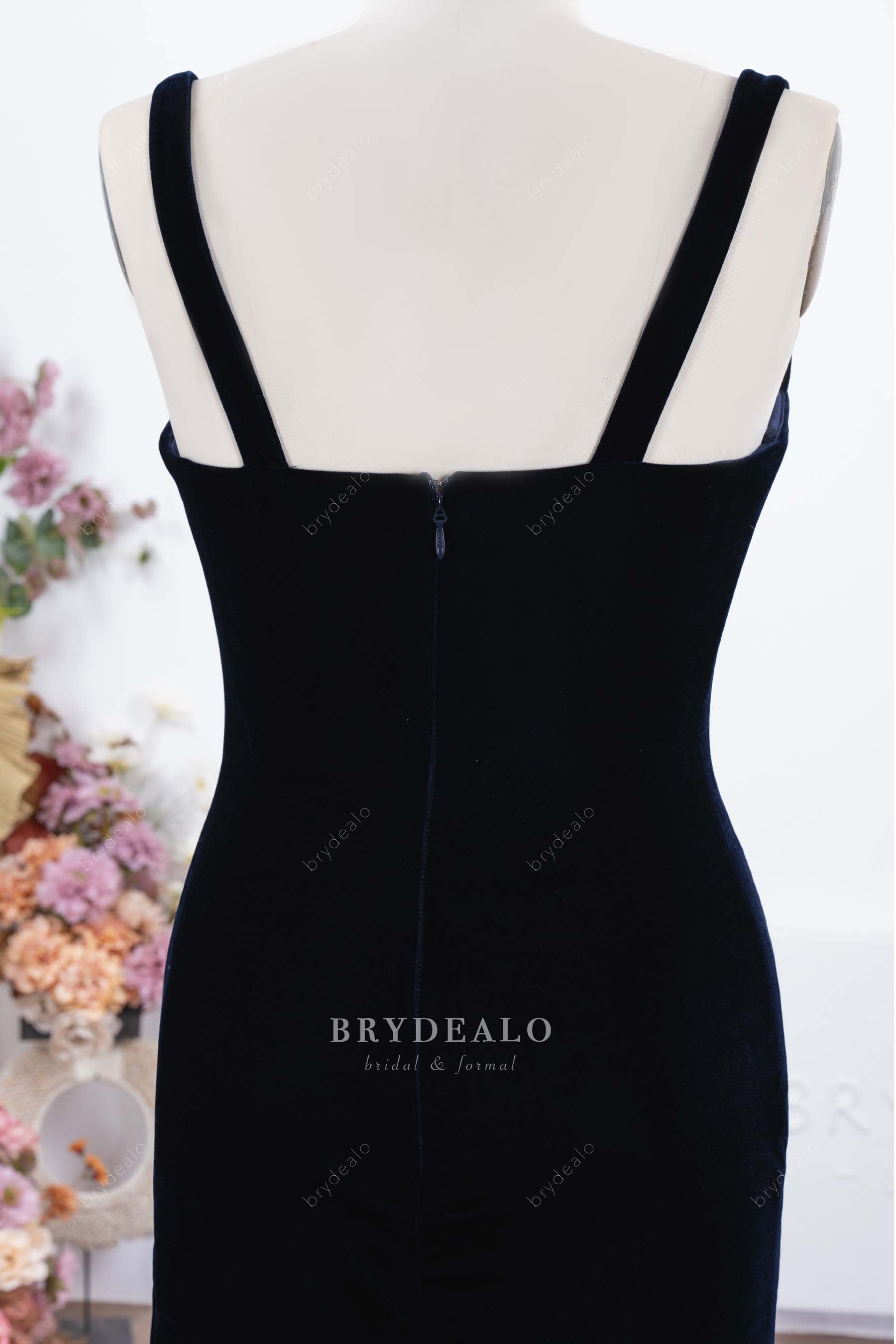dark navy velvet wide straps prom dress